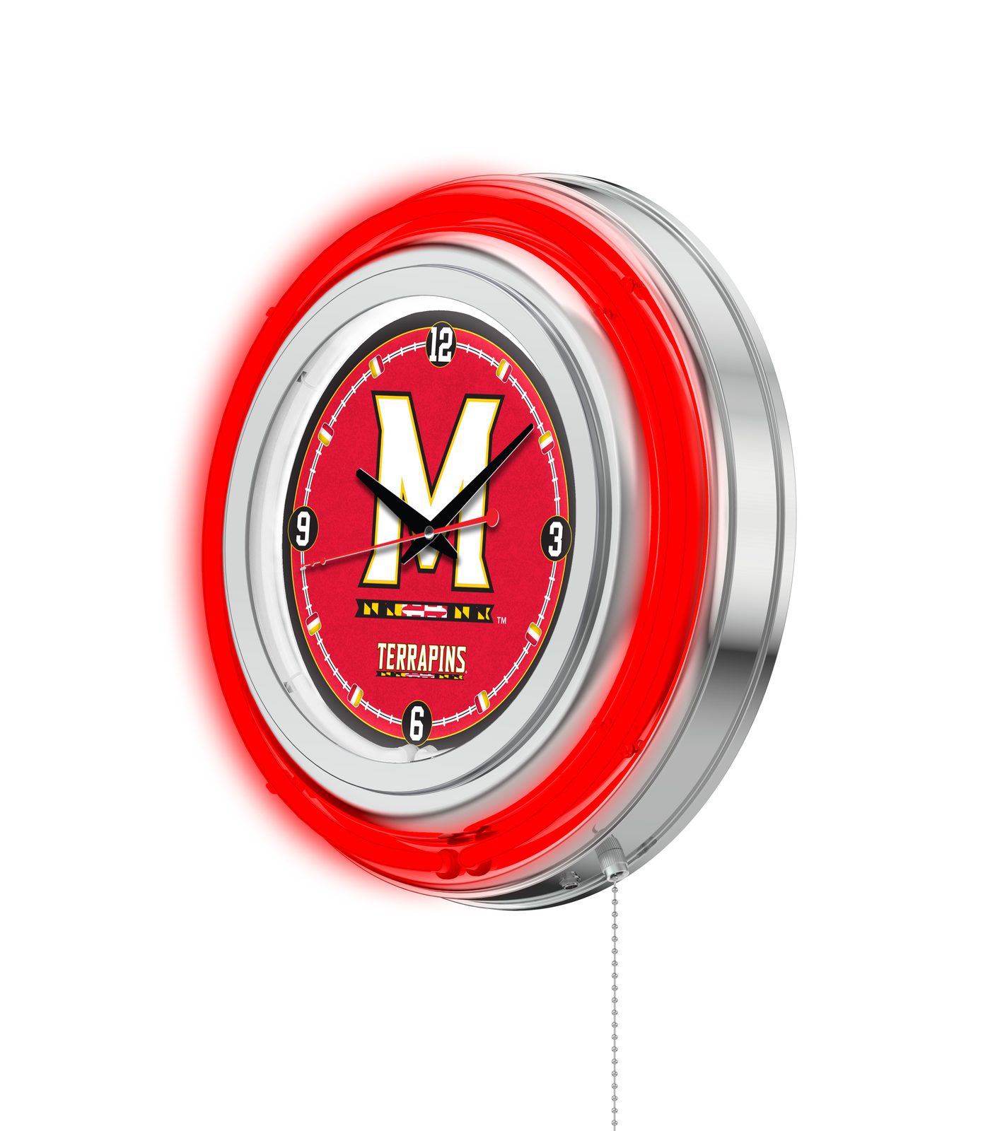 University of Maryland 15-Inch Neon Logo Clock in Chrome 2 University of Maryland 15-Inch Neon Logo Clock in Chrome - Image 2