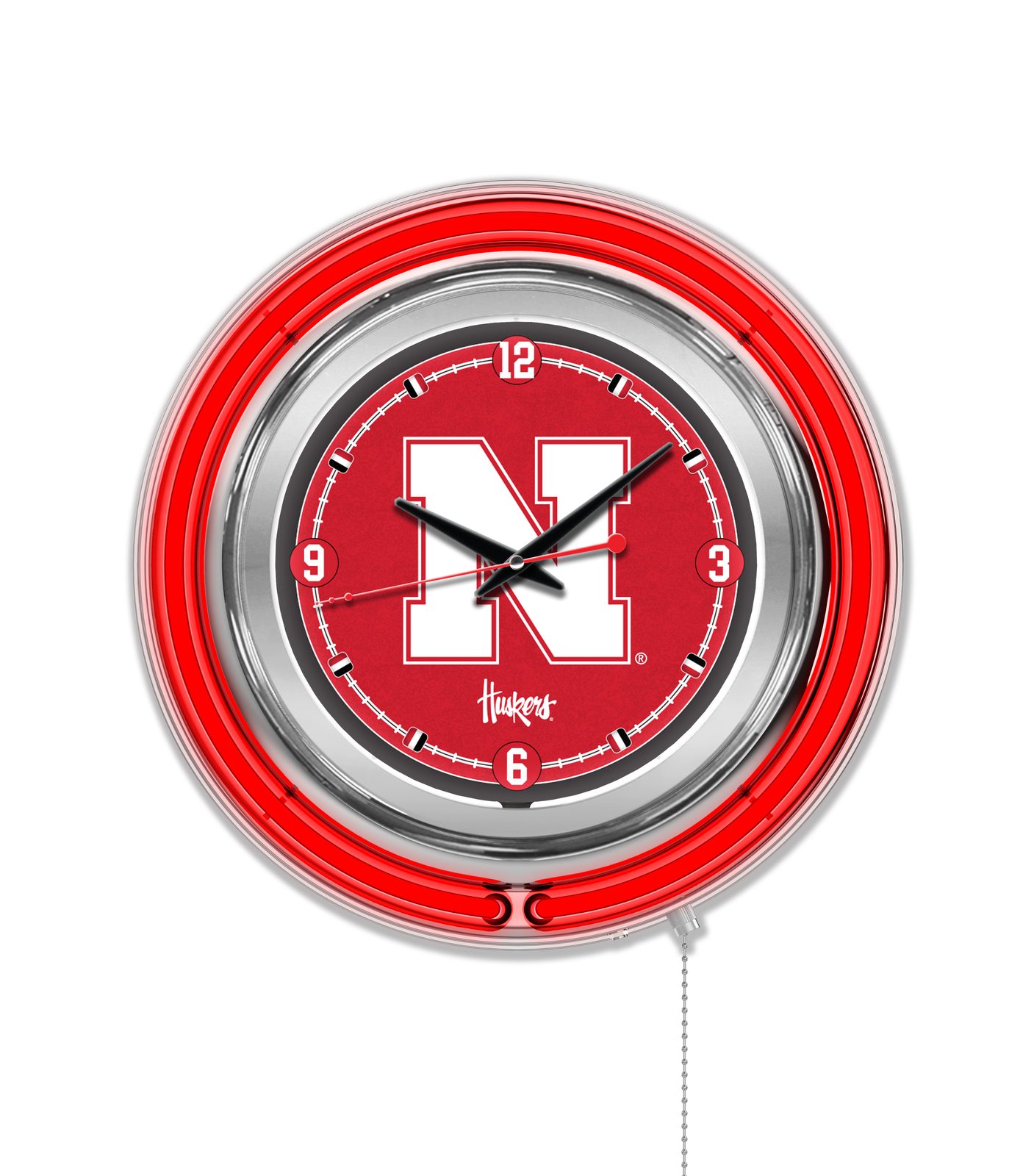 University of Nebraska 15-Inch Neon Logo Clock in Chrome 1 University of Nebraska 15-Inch Neon Logo Clock in Chrome