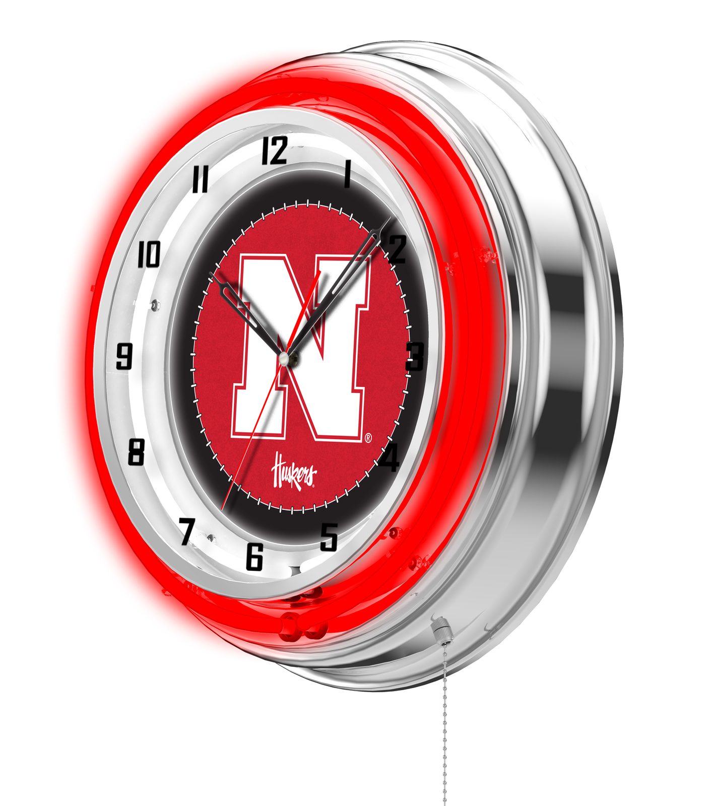 University of Nebraska 19-Inch Neon Logo Clock in Chrome 2 University of Nebraska 19-Inch Neon Logo Clock in Chrome - Image 2