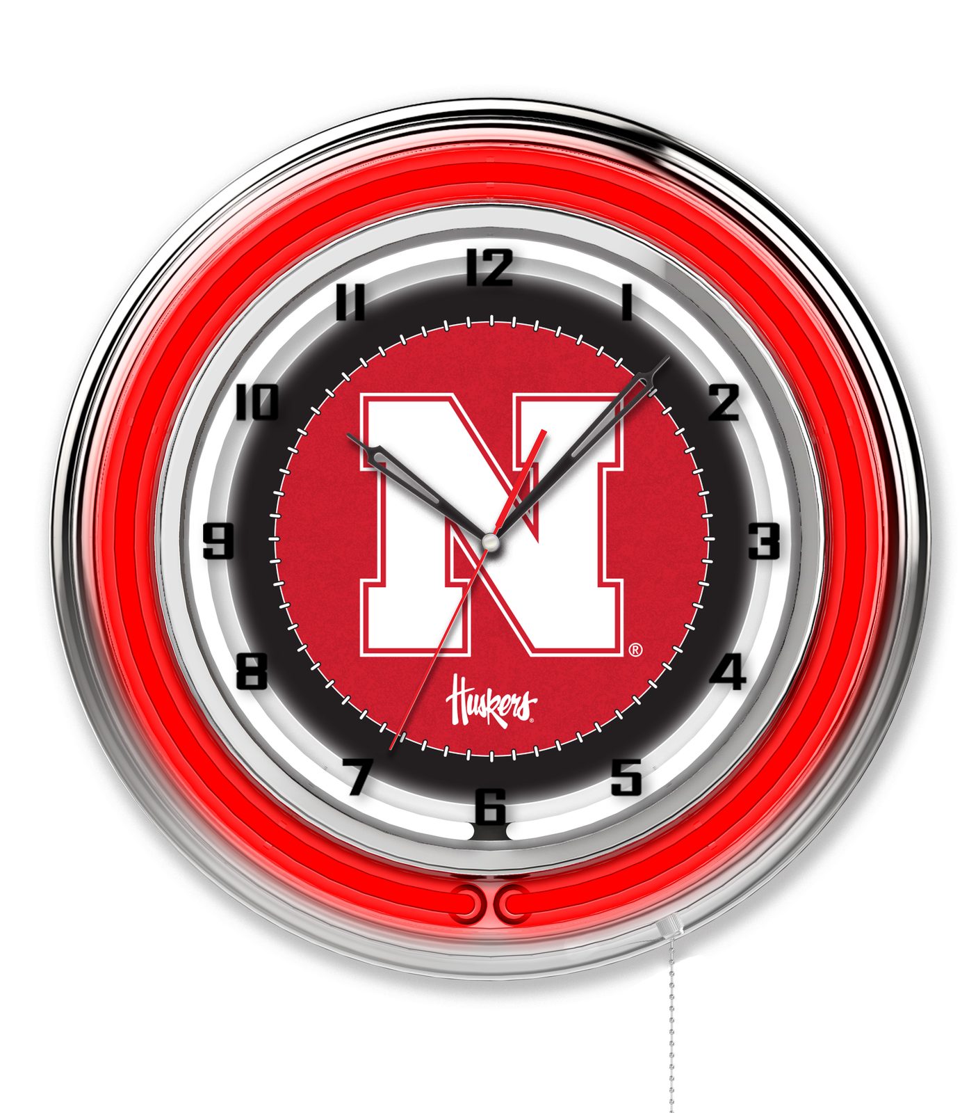 University of Nebraska 19-Inch Neon Logo Clock in Chrome 1 University of Nebraska 19-Inch Neon Logo Clock in Chrome