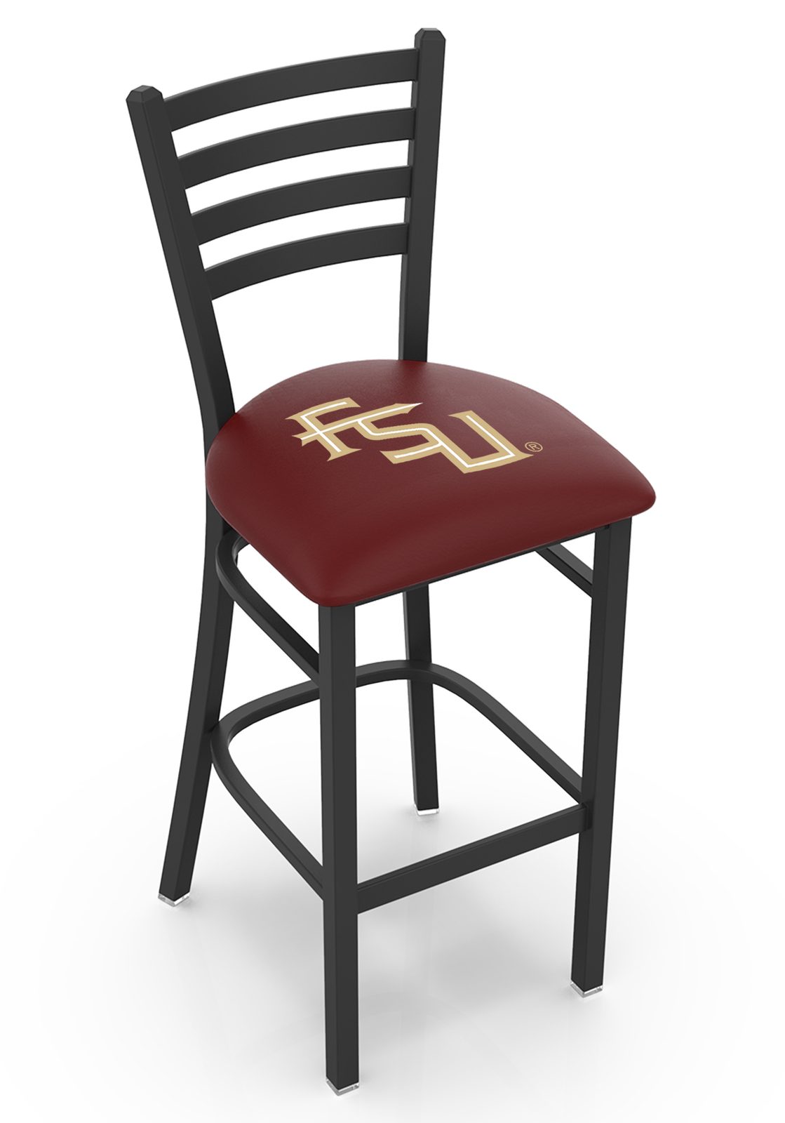 Florida State University 25-Inch Stationary Counter Stool w/ Black Wrinkle Finish, Ladder Back, 2.5-Inch Cushion Seat (Script Logo) 1 Florida State University 25-Inch Stationary Counter Stool w/ Black Wrinkle Finish, Ladder Back, 2.5-Inch Cushion Seat (Script Logo)