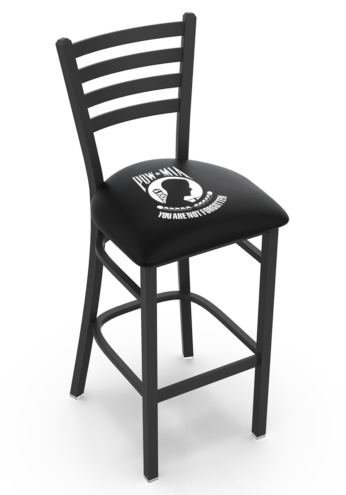 POW/MIA 30-Inch Stationary Bar Stool w/ Black Wrinkle Finish, Ladder Back, 2.5-Inch Cushion Seat 1 POW/MIA 30-Inch Stationary Bar Stool w/ Black Wrinkle Finish, Ladder Back, 2.5-Inch Cushion Seat
