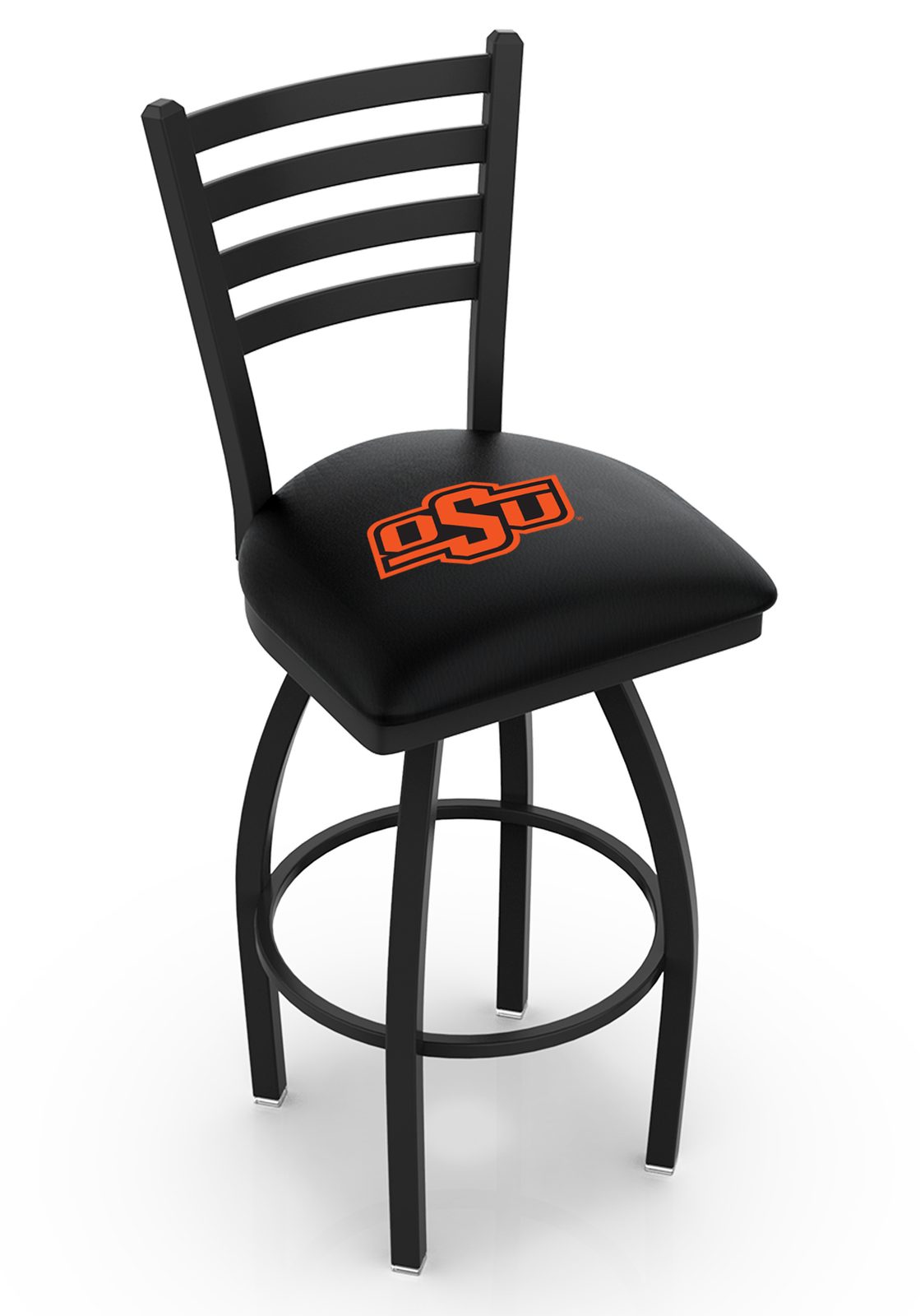 Oklahoma State University 25-Inch Swivel Counter Stool w/ Black Wrinkle Finish, Ladder Back, 2.5-Inch Cushion Seat 1 Oklahoma State University 25-Inch Swivel Counter Stool w/ Black Wrinkle Finish, Ladder Back, 2.5-Inch Cushion Seat