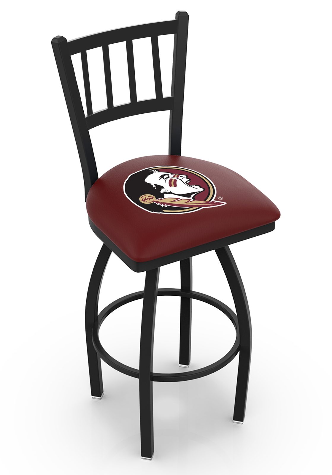 Florida State University 30-Inch Swivel Bar Stool w/ Black Wrinkle Finish, Jailhouse Back, 2.5-Inch Cushion Seat (Head Logo) 1 Florida State University 30-Inch Swivel Bar Stool w/ Black Wrinkle Finish, Jailhouse Back, 2.5-Inch Cushion Seat (Head Logo)