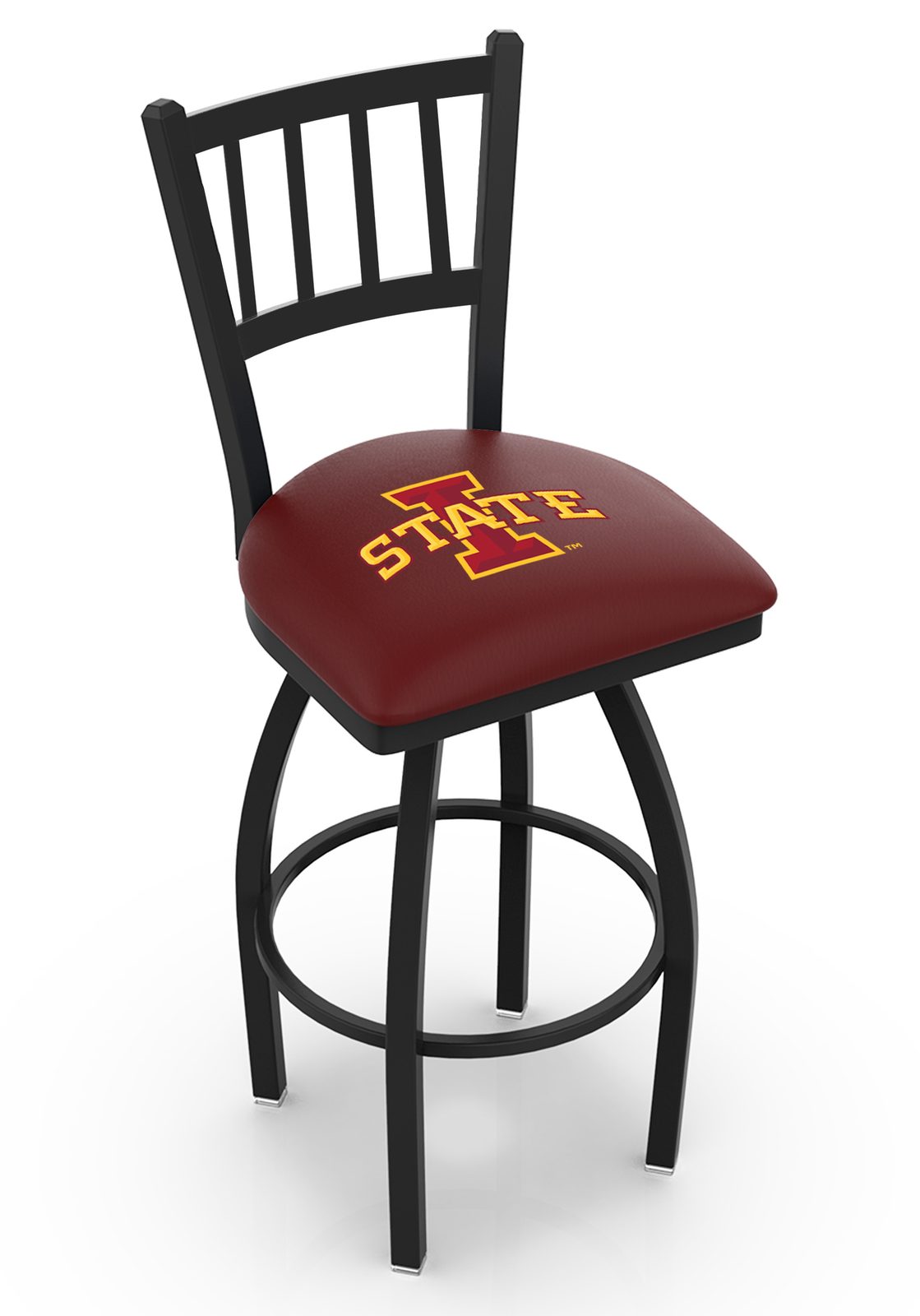 Iowa State University 30-Inch Swivel Bar Stool w/ Black Wrinkle Finish, Jailhouse Back, 2.5-Inch Cushion Seat 1 Iowa State University 30-Inch Swivel Bar Stool w/ Black Wrinkle Finish, Jailhouse Back, 2.5-Inch Cushion Seat