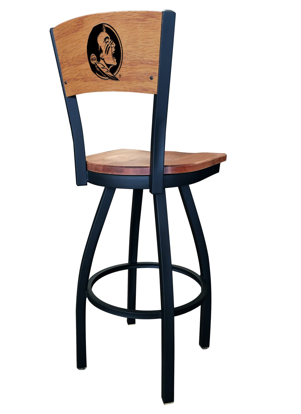 Florida State University 25-Inch Swivel Counter Stool w/ Black Wrinkle Finish, Solid Wood Back, Solid Maple Wood Seat (Head Logo) 2 Florida State University 25-Inch Swivel Counter Stool w/ Black Wrinkle Finish, Solid Wood Back, Solid Maple Wood Seat (Head Logo) - Image 2