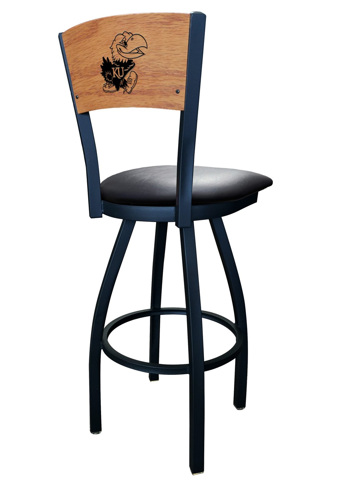 University of Kansas 30-Inch Swivel Bar Stool w/ Black Wrinkle Finish, Solid Wood Back, 2.5-Inch Cushion Seat 2 University of Kansas 30-Inch Swivel Bar Stool w/ Black Wrinkle Finish, Solid Wood Back, 2.5-Inch Cushion Seat - Image 2