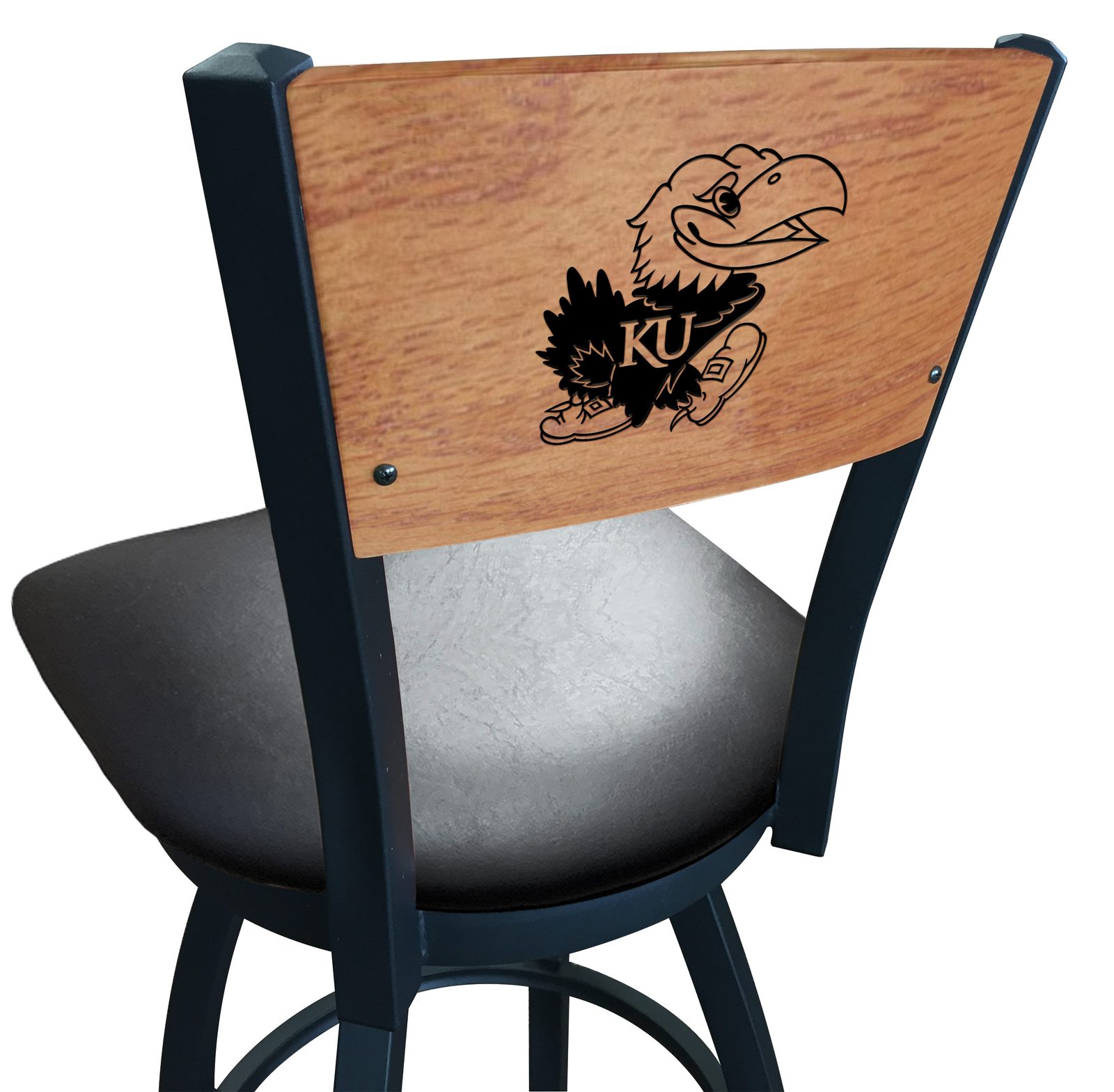 University of Kansas 30-Inch Swivel Bar Stool w/ Black Wrinkle Finish, Solid Wood Back, 2.5-Inch Cushion Seat 1 University of Kansas 30-Inch Swivel Bar Stool w/ Black Wrinkle Finish, Solid Wood Back, 2.5-Inch Cushion Seat
