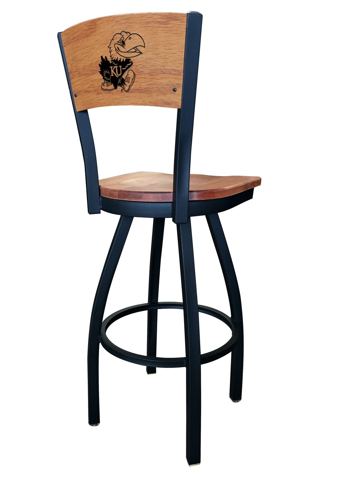 University of Kansas 30-Inch Swivel Bar Stool w/ Black Wrinkle Finish, Solid Wood Back, Solid Maple Wood Seat 2 University of Kansas 30-Inch Swivel Bar Stool w/ Black Wrinkle Finish, Solid Wood Back, Solid Maple Wood Seat - Image 2
