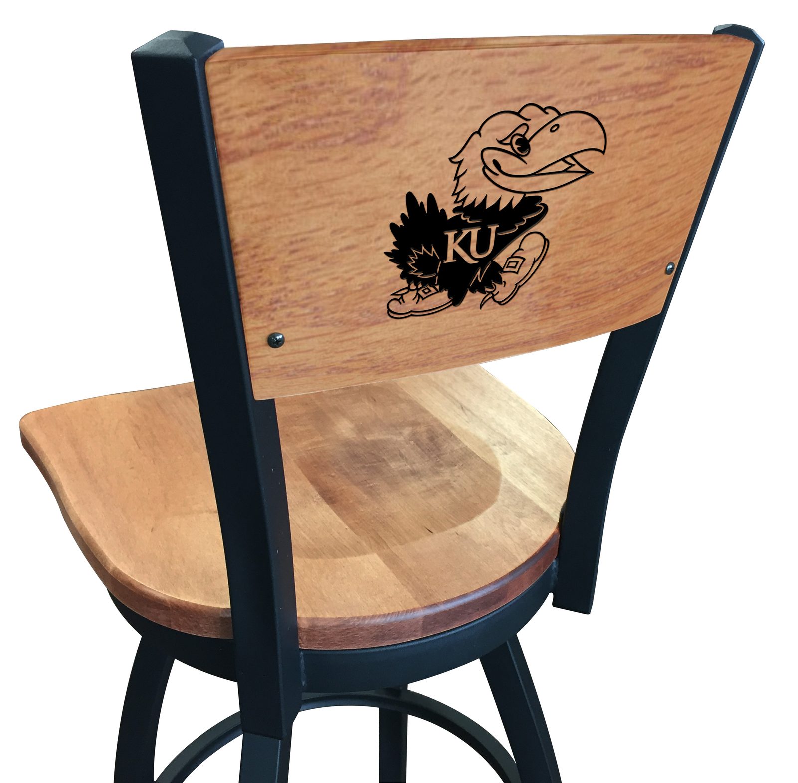 University of Kansas 30-Inch Swivel Bar Stool w/ Black Wrinkle Finish, Solid Wood Back, Solid Maple Wood Seat 1 University of Kansas 30-Inch Swivel Bar Stool w/ Black Wrinkle Finish, Solid Wood Back, Solid Maple Wood Seat