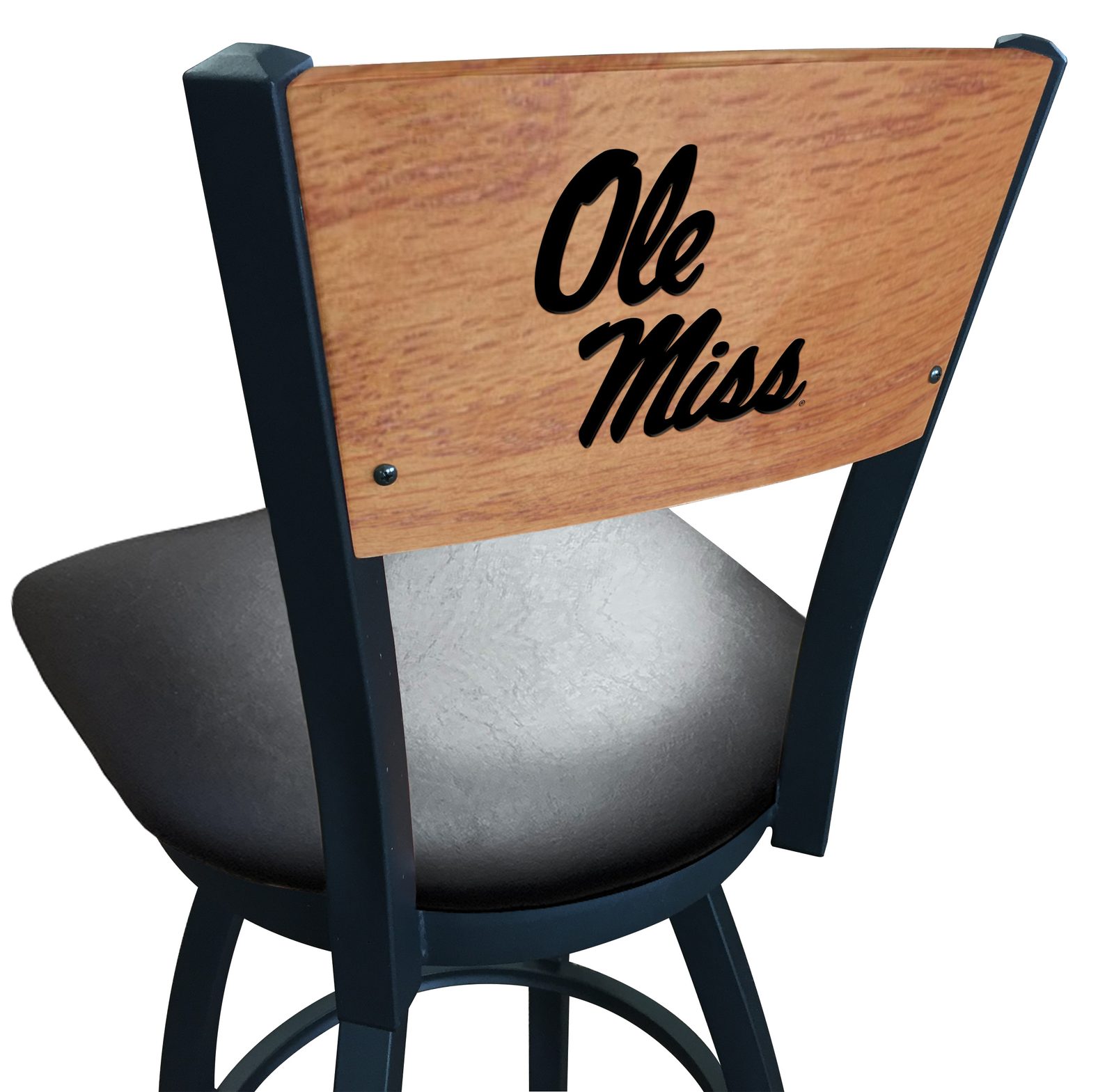 University of Mississippi 30-Inch Swivel Bar Stool w/ Black Wrinkle Finish, Solid Wood Back, 2.5-Inch Cushion Seat 1 University of Mississippi 30-Inch Swivel Bar Stool w/ Black Wrinkle Finish, Solid Wood Back, 2.5-Inch Cushion Seat