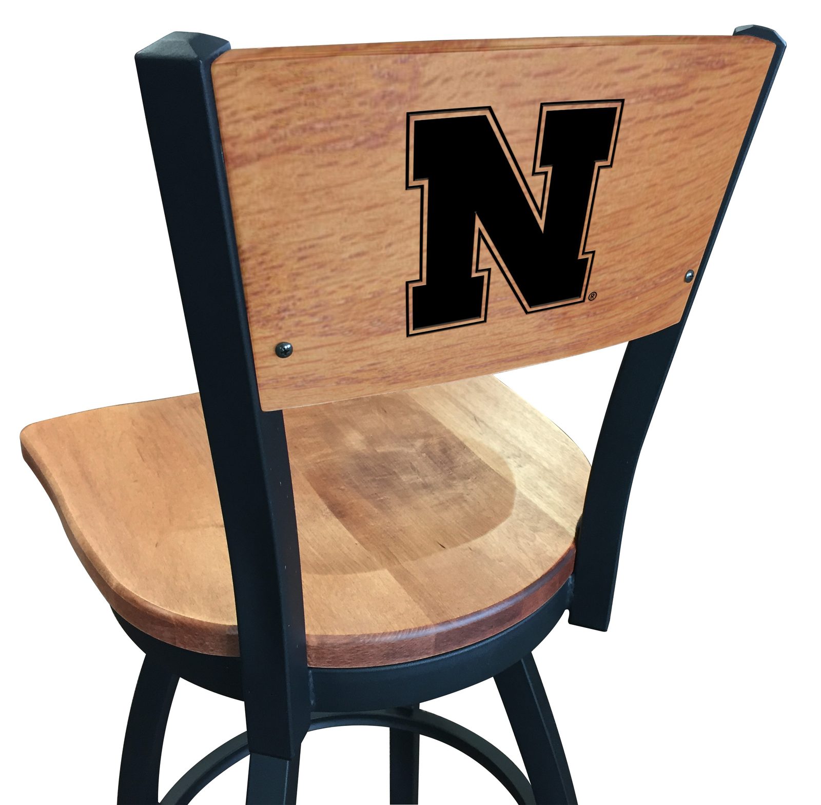 University of Nebraska 30-Inch Swivel Bar Stool w/ Black Wrinkle Finish, Solid Wood Back, Solid Maple Wood Seat 1 University of Nebraska 30-Inch Swivel Bar Stool w/ Black Wrinkle Finish, Solid Wood Back, Solid Maple Wood Seat