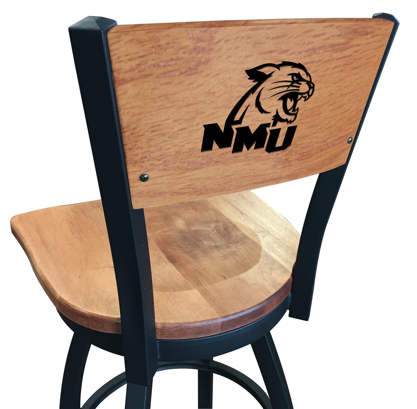 Northern Michigan University 30-Inch Swivel Bar Stool w/ Black Wrinkle Finish, Solid Wood Back, Solid Maple Wood Seat 1 Northern Michigan University 30-Inch Swivel Bar Stool w/ Black Wrinkle Finish, Solid Wood Back, Solid Maple Wood Seat