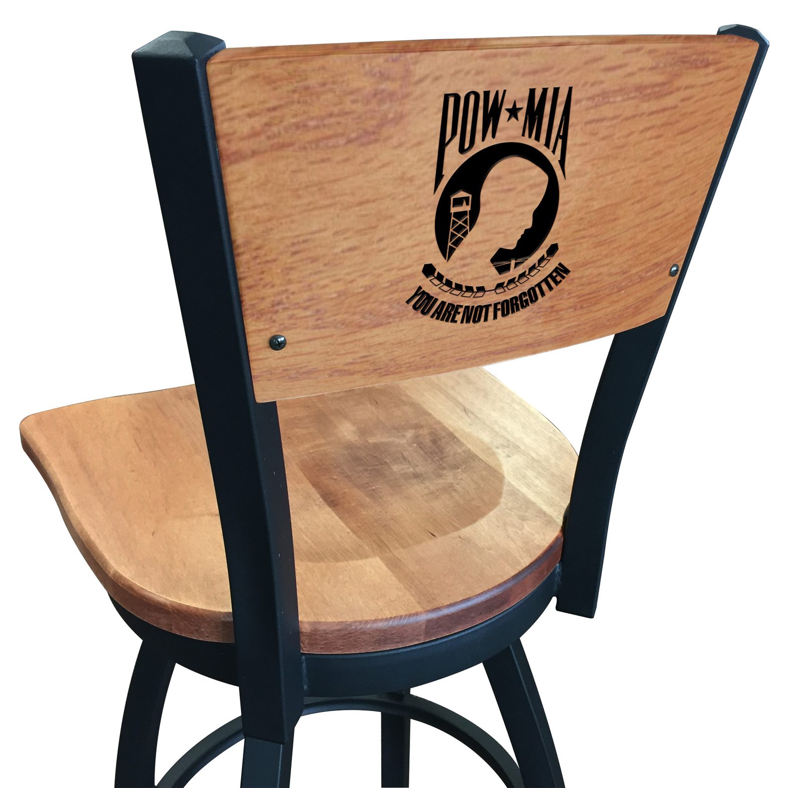 POW/MIA 30-Inch Swivel Bar Stool w/ Black Wrinkle Finish, Solid Wood Back, Solid Maple Wood Seat 1 POW/MIA 30-Inch Swivel Bar Stool w/ Black Wrinkle Finish, Solid Wood Back, Solid Maple Wood Seat