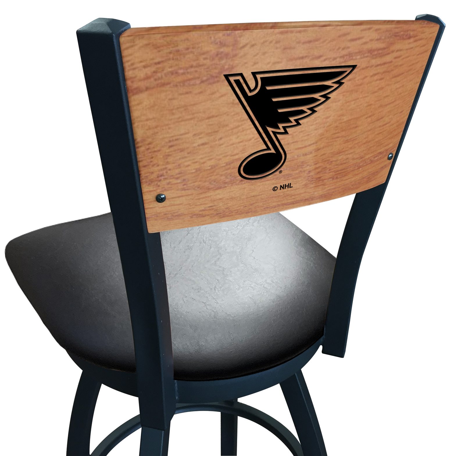 St Louis Blues 36-Inch Swivel Extra Tall Bar Stool w/ Black Wrinkle Finish, Solid Wood Back, 2.5-Inch Cushion Seat 1 St Louis Blues 36-Inch Swivel Extra Tall Bar Stool w/ Black Wrinkle Finish, Solid Wood Back, 2.5-Inch Cushion Seat