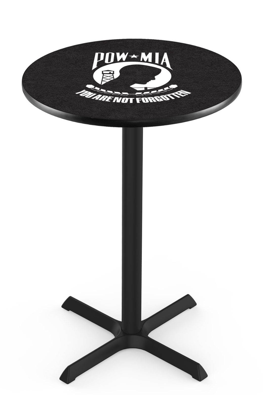 POW/MIA 36-Inch Pub Table with 30-Inch Top, Cross Base Base, and Black Wrinkle Finish 1 POW/MIA 36-Inch Pub Table with 30-Inch Top, Cross Base Base, and Black Wrinkle Finish