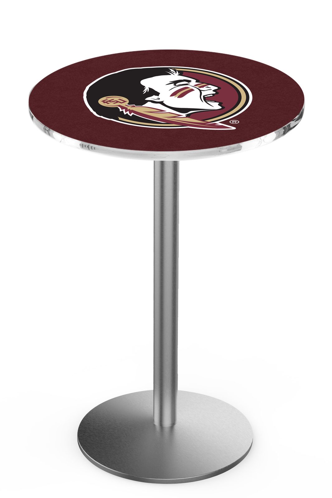 Florida State (Head) 36-Inch Pub Table with 30-Inch Top, Round Base Base, and Stainless Finish 1 Florida State (Head) 36-Inch Pub Table with 30-Inch Top, Round Base Base, and Stainless Finish
