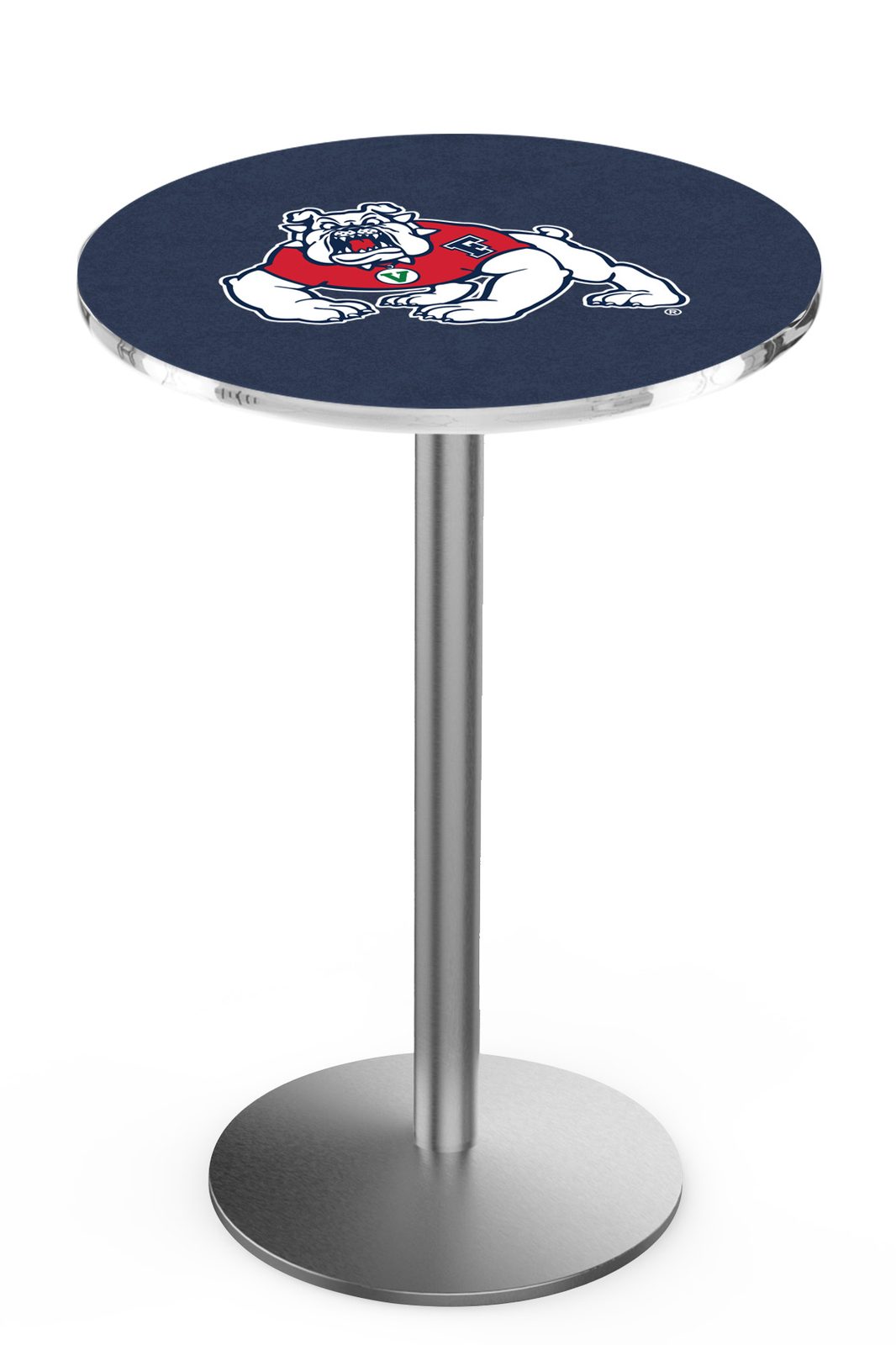 Fresno State University 36-Inch Pub Table with 30-Inch Top, Round Base Base, and Stainless Finish 1 Fresno State University 36-Inch Pub Table with 30-Inch Top, Round Base Base, and Stainless Finish