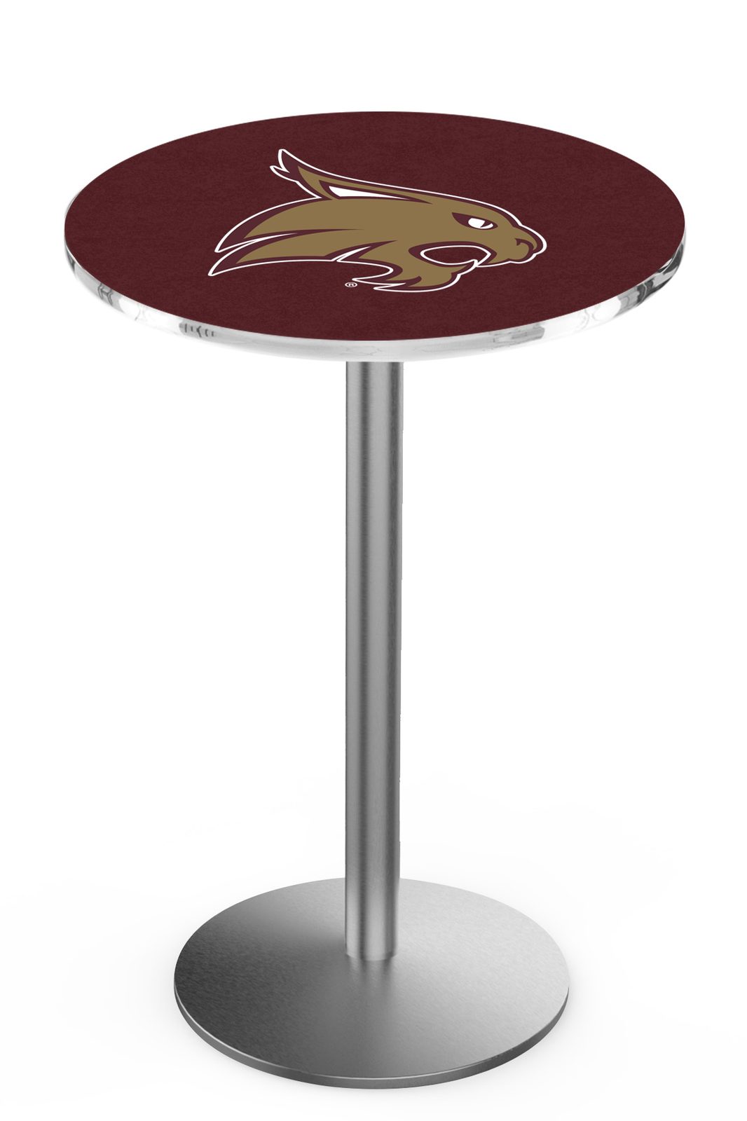 Texas State University 36-Inch Pub Table with 30-Inch Top, Round Base Base, and Stainless Finish 1 Texas State University 36-Inch Pub Table with 30-Inch Top, Round Base Base, and Stainless Finish