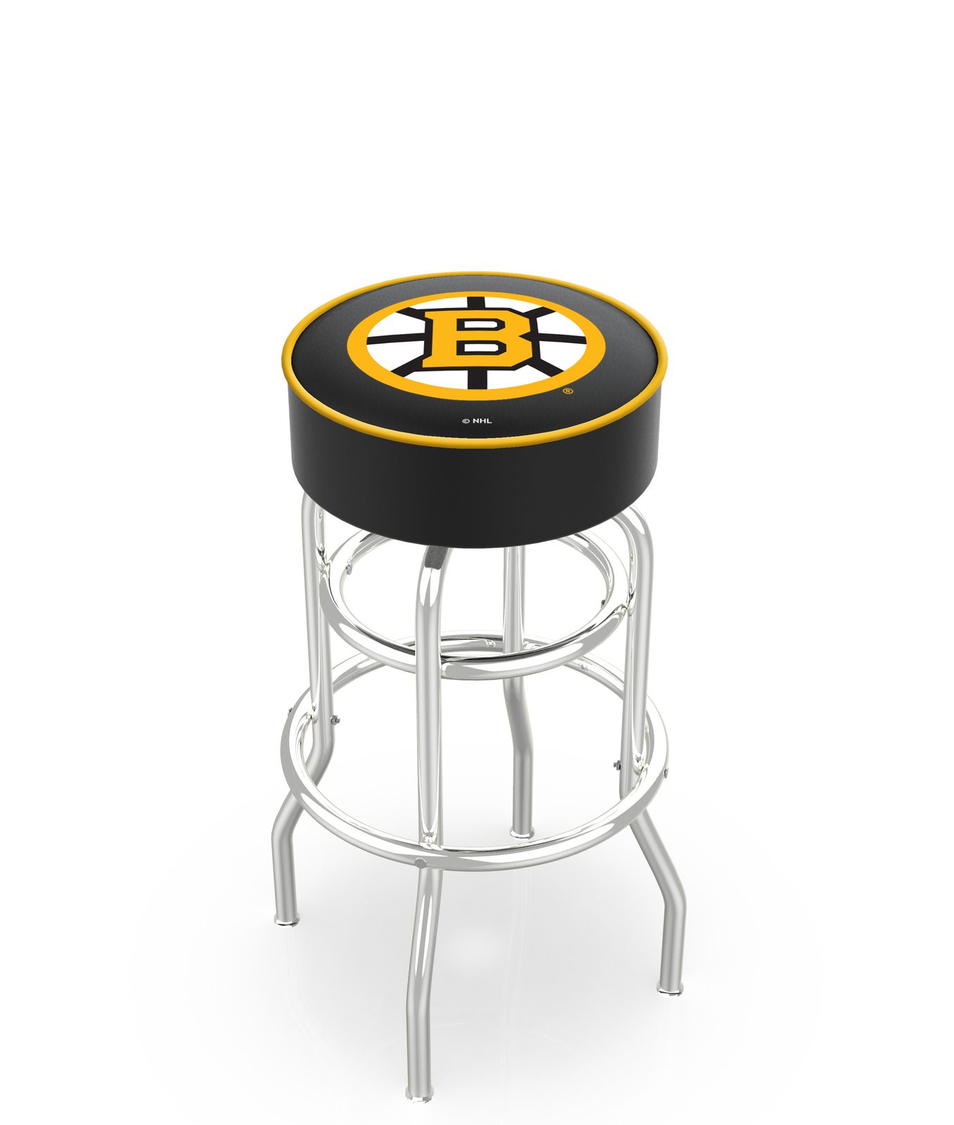 Boston Bruins 25-Inch Swivel Backless Counter Stool w/ Chrome Finish, Double-Ring Base, Cushion Seat 1 Boston Bruins 25-Inch Swivel Backless Counter Stool w/ Chrome Finish, Double-Ring Base, Cushion Seat