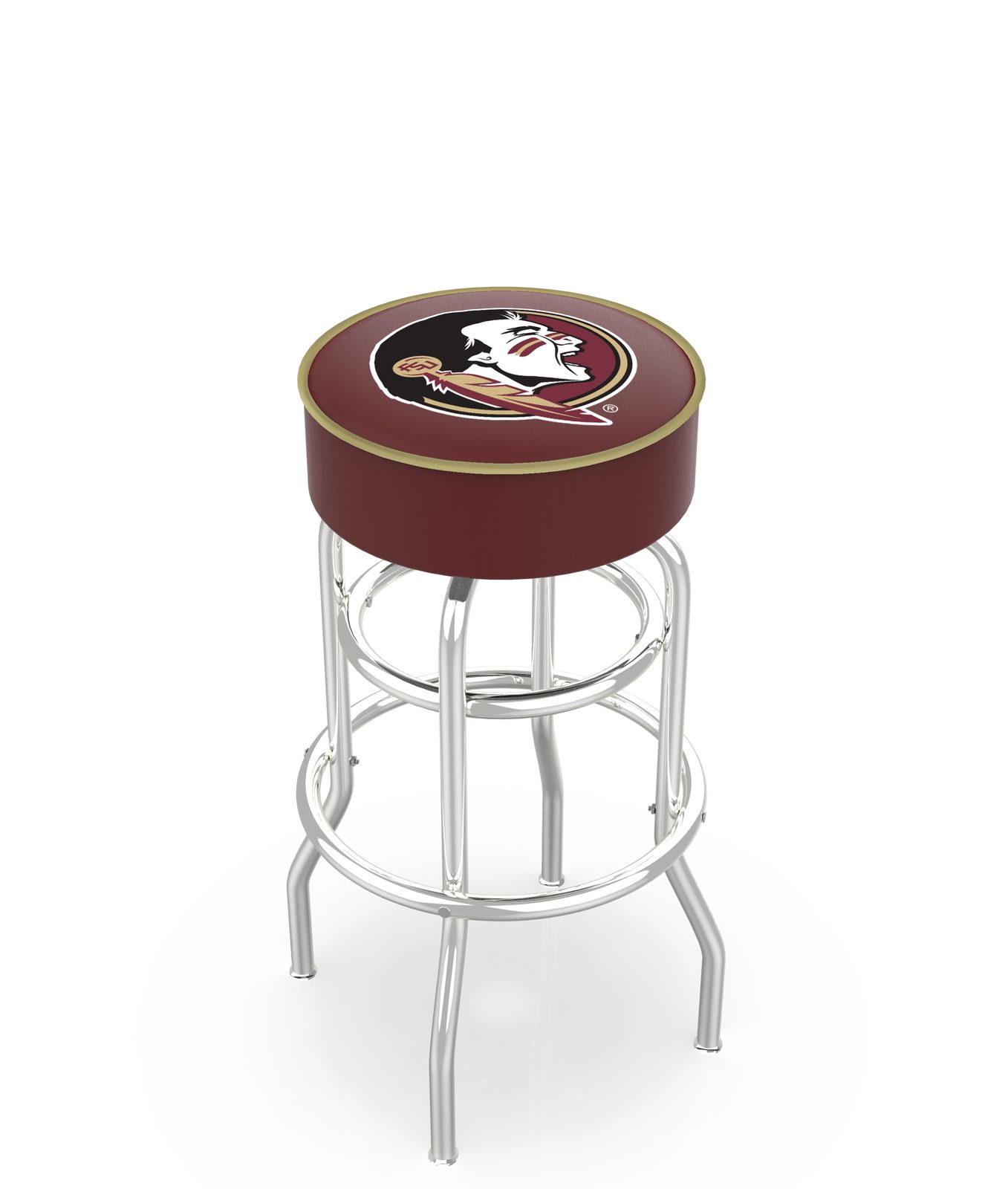 Florida State University 30-Inch Swivel Backless Bar Stool w/ Chrome Finish, Double-Ring Base, Cushion Seat (Head Logo) 1 Florida State University 30-Inch Swivel Backless Bar Stool w/ Chrome Finish, Double-Ring Base, Cushion Seat (Head Logo)