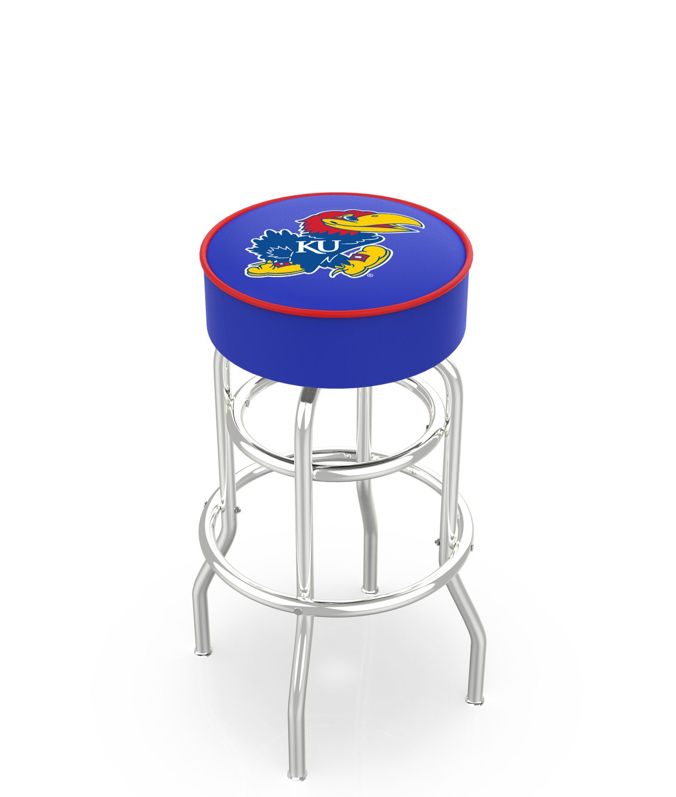 University of Kansas 25-Inch Swivel Backless Counter Stool w/ Chrome Finish, Double-Ring Base, Cushion Seat 1 University of Kansas 25-Inch Swivel Backless Counter Stool w/ Chrome Finish, Double-Ring Base, Cushion Seat