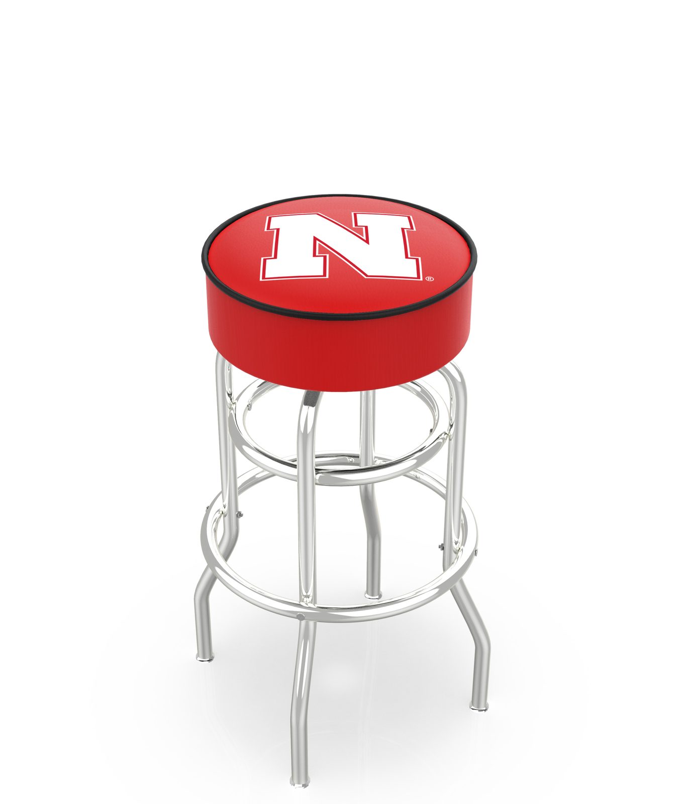 University of Nebraska 30-Inch Swivel Backless Bar Stool w/ Chrome Finish, Double-Ring Base, Cushion Seat 1 University of Nebraska 30-Inch Swivel Backless Bar Stool w/ Chrome Finish, Double-Ring Base, Cushion Seat