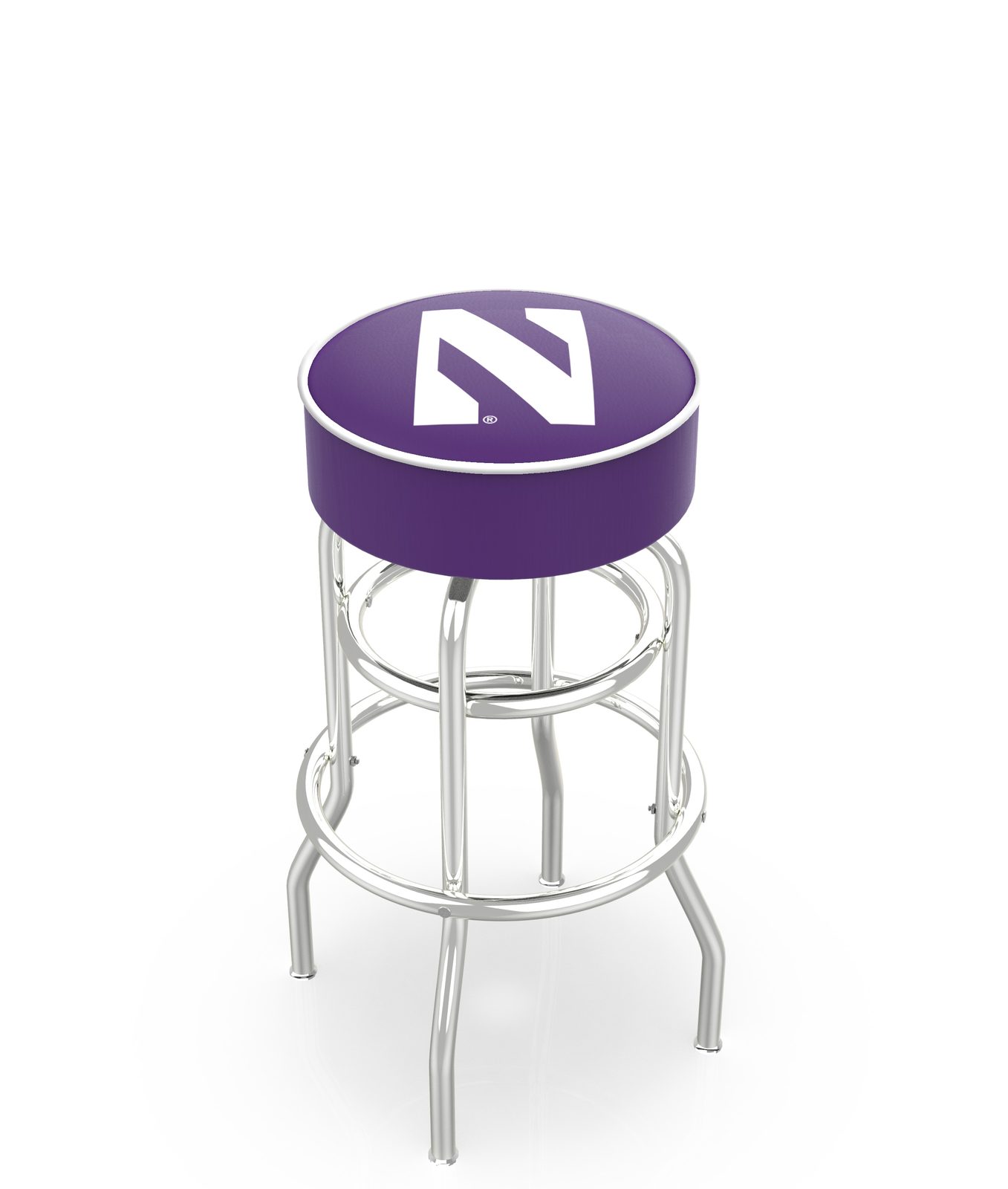 Northwestern University 30-Inch Swivel Backless Bar Stool w/ Chrome Finish, Double-Ring Base, Cushion Seat 1 Northwestern University 30-Inch Swivel Backless Bar Stool w/ Chrome Finish, Double-Ring Base, Cushion Seat