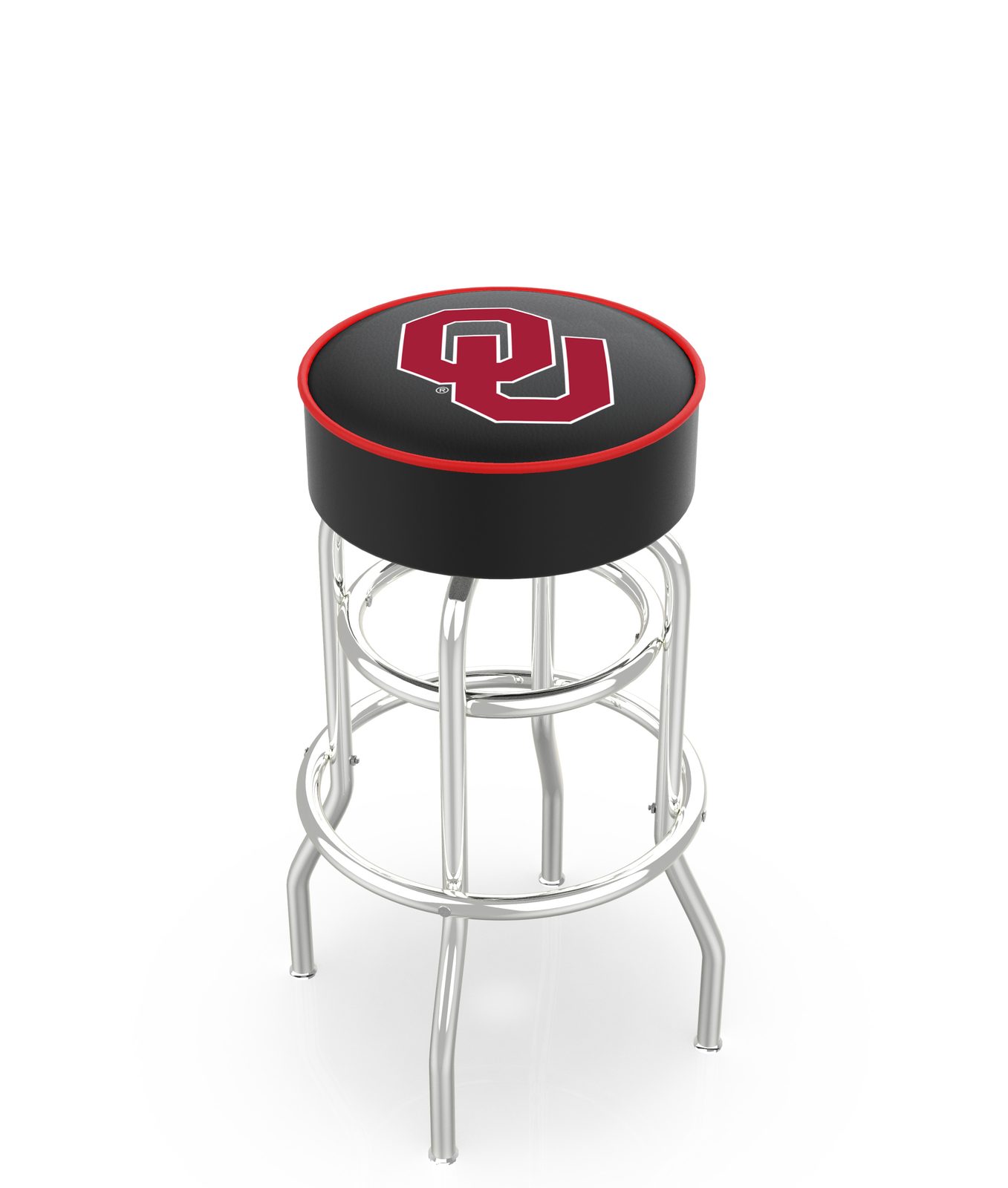 Oklahoma University 30-Inch Swivel Backless Bar Stool w/ Chrome Finish, Double-Ring Base, Cushion Seat 1 Oklahoma University 30-Inch Swivel Backless Bar Stool w/ Chrome Finish, Double-Ring Base, Cushion Seat