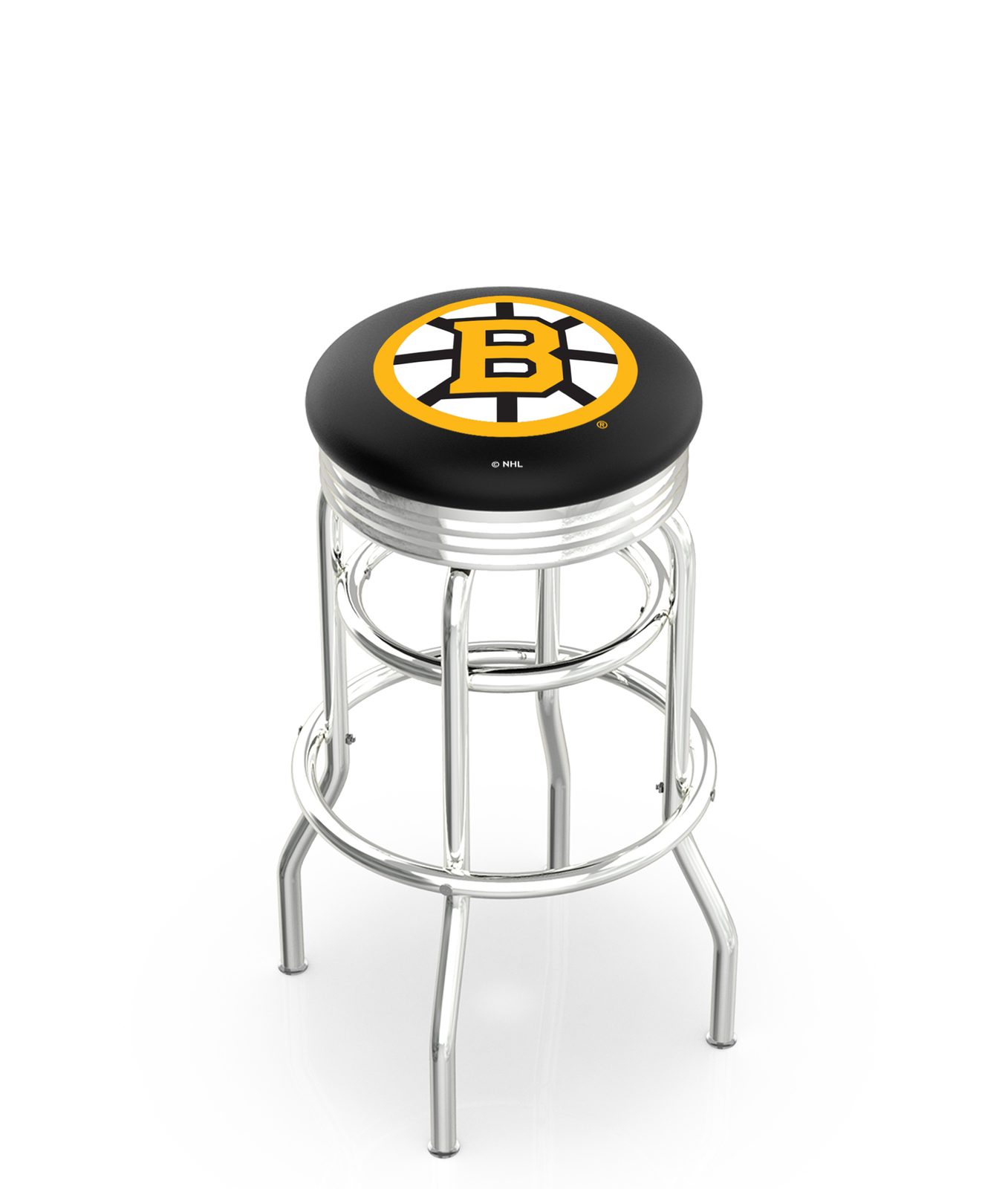 Boston Bruins 25-Inch Swivel Backless Counter Stool w/ Chrome Finish, Double-Ring Base, 2.75-Inch Chrome Ribbed Ring, 2.5-Inch Cushion Seat 1 Boston Bruins 25-Inch Swivel Backless Counter Stool w/ Chrome Finish, Double-Ring Base, 2.75-Inch Chrome Ribbed Ring, 2.5-Inch Cushion Seat
