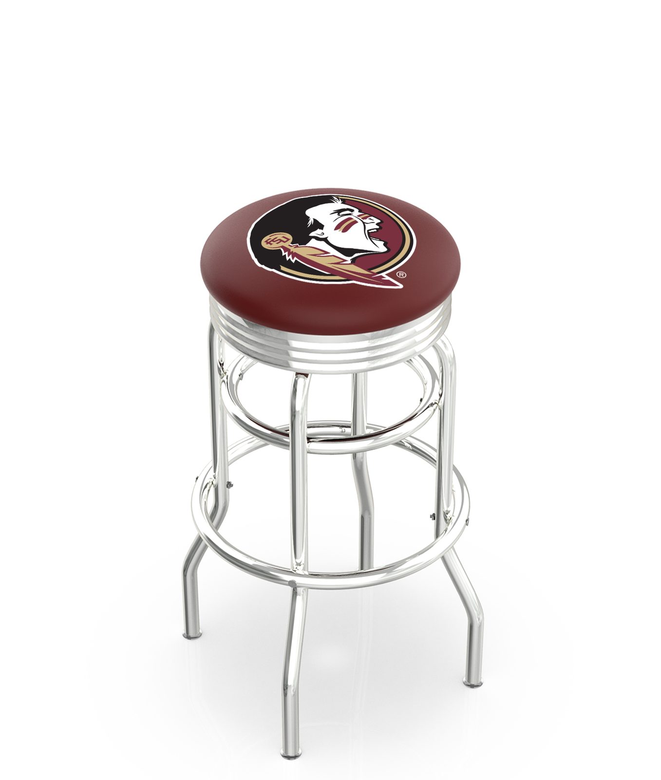 Florida State University 30-Inch Swivel Backless Bar Stool w/ Chrome Finish, Double-Ring Base, 2.75-Inch Chrome Ribbed Ring, 2.5-Inch Cushion Seat (Head Logo) 1 Florida State University 30-Inch Swivel Backless Bar Stool w/ Chrome Finish, Double-Ring Base, 2.75-Inch Chrome Ribbed Ring, 2.5-Inch Cushion Seat (Head Logo)
