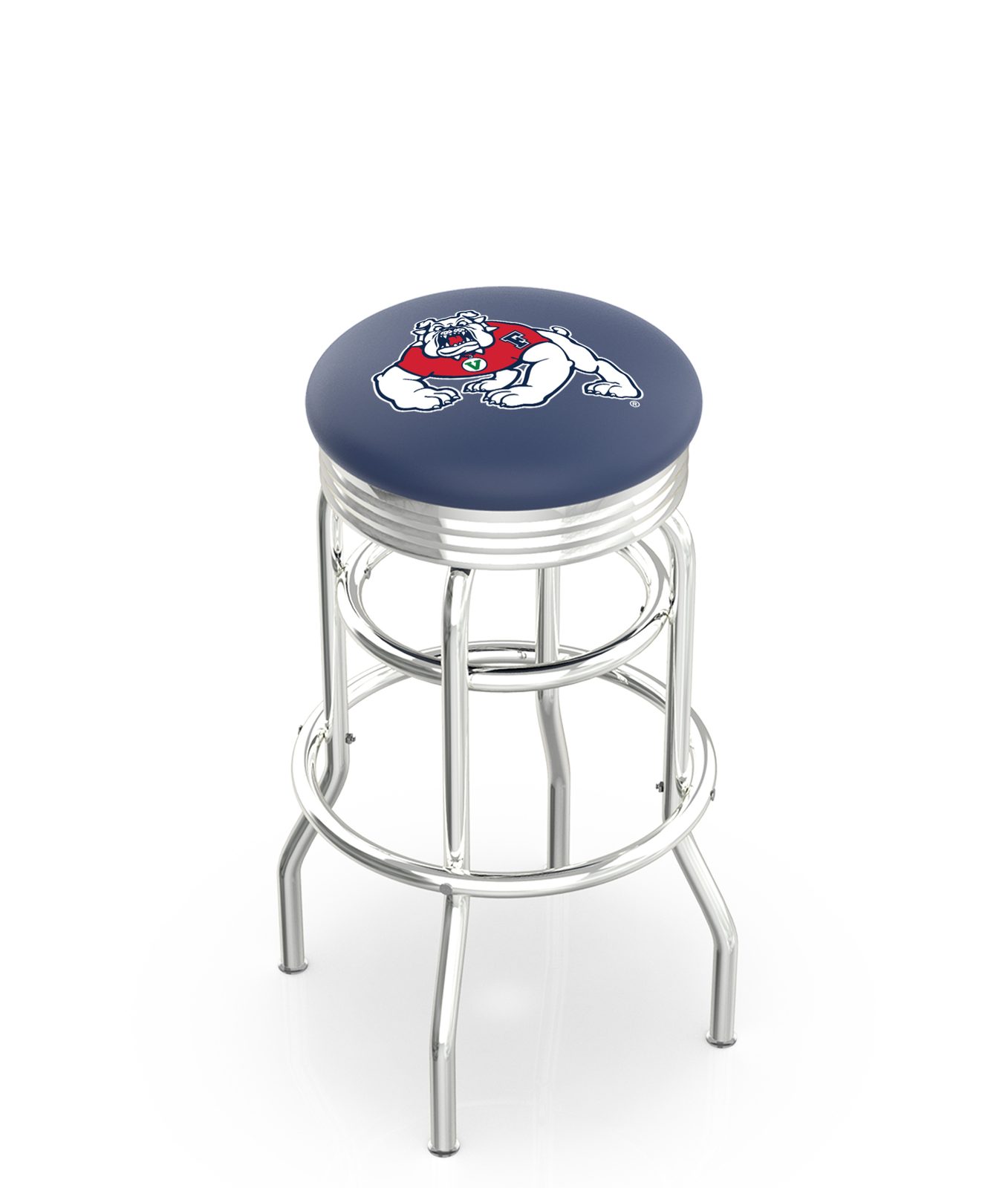 Fresno State University 30-Inch Swivel Backless Bar Stool w/ Chrome Finish, Double-Ring Base, 2.75-Inch Chrome Ribbed Ring, 2.5-Inch Cushion Seat 1 Fresno State University 30-Inch Swivel Backless Bar Stool w/ Chrome Finish, Double-Ring Base, 2.75-Inch Chrome Ribbed Ring, 2.5-Inch Cushion Seat