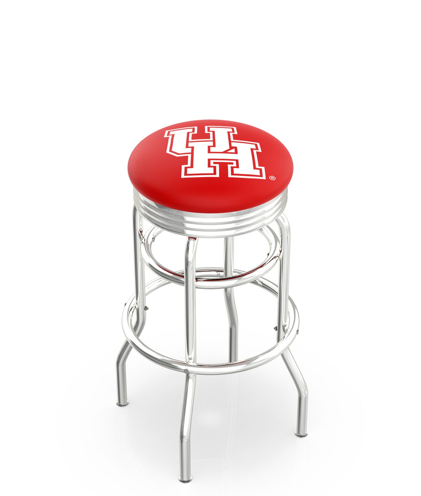 University of Houston 25-Inch Swivel Backless Counter Stool w/ Chrome Finish, Double-Ring Base, 2.75-Inch Chrome Ribbed Ring, 2.5-Inch Cushion Seat 1 University of Houston 25-Inch Swivel Backless Counter Stool w/ Chrome Finish, Double-Ring Base, 2.75-Inch Chrome Ribbed Ring, 2.5-Inch Cushion Seat