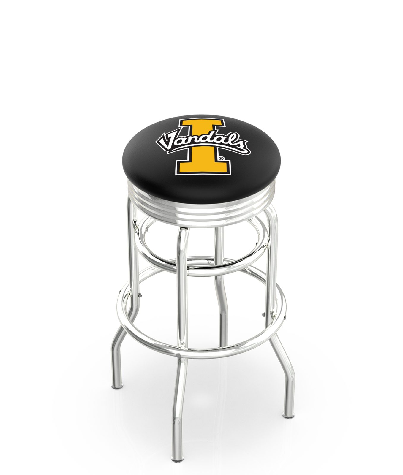 University of Idaho 30-Inch Swivel Backless Bar Stool w/ Chrome Finish, Double-Ring Base, 2.75-Inch Chrome Ribbed Ring, 2.5-Inch Cushion Seat 1 University of Idaho 30-Inch Swivel Backless Bar Stool w/ Chrome Finish, Double-Ring Base, 2.75-Inch Chrome Ribbed Ring, 2.5-Inch Cushion Seat