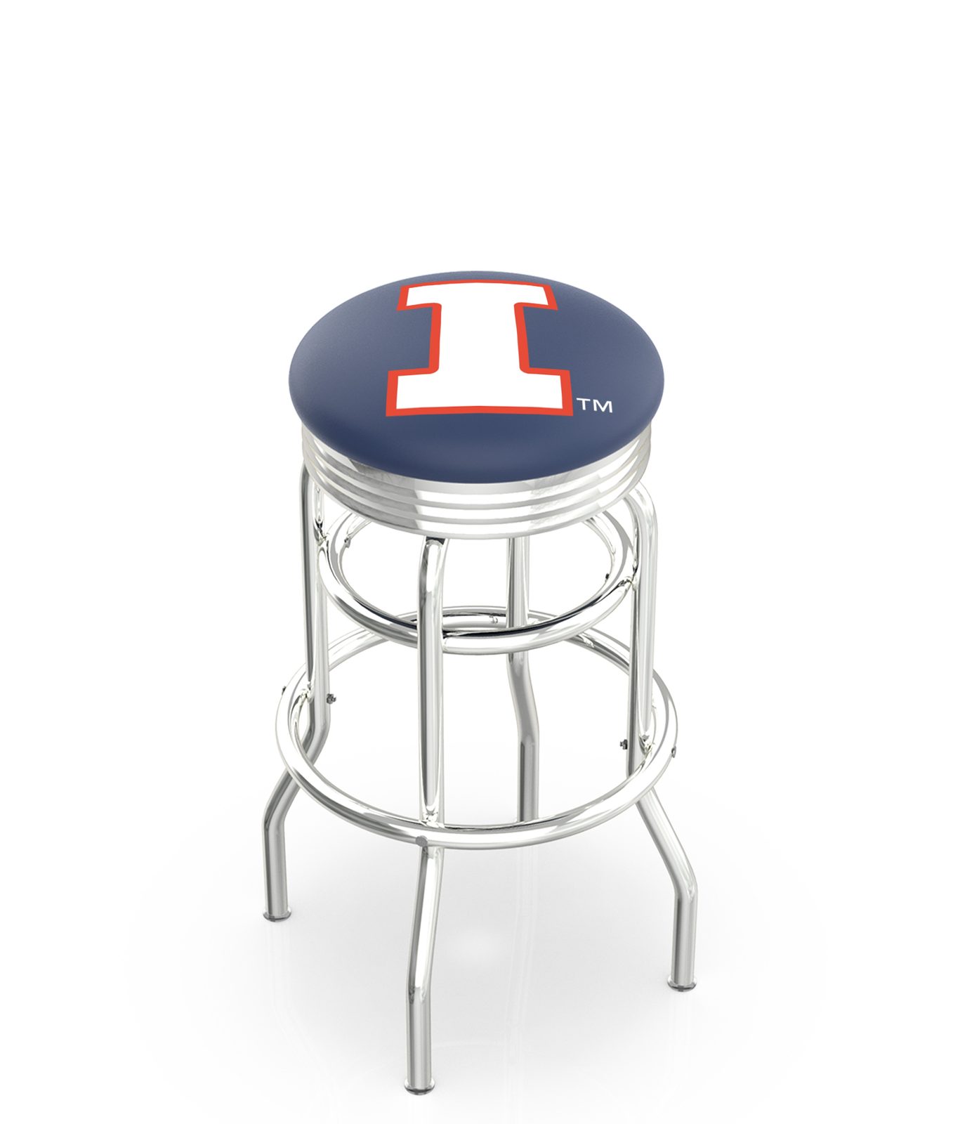University of Illinois 25-Inch Swivel Backless Counter Stool w/ Chrome Finish, Double-Ring Base, 2.75-Inch Chrome Ribbed Ring, 2.5-Inch Cushion Seat 1 University of Illinois 25-Inch Swivel Backless Counter Stool w/ Chrome Finish, Double-Ring Base, 2.75-Inch Chrome Ribbed Ring, 2.5-Inch Cushion Seat