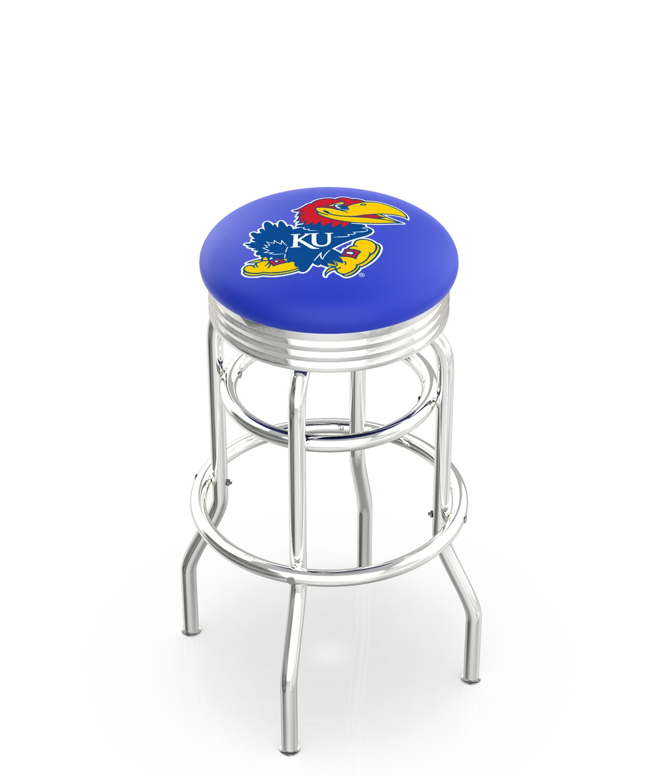 University of Kansas 30-Inch Swivel Backless Bar Stool w/ Chrome Finish, Double-Ring Base, 2.75-Inch Chrome Ribbed Ring, 2.5-Inch Cushion Seat 1 University of Kansas 30-Inch Swivel Backless Bar Stool w/ Chrome Finish, Double-Ring Base, 2.75-Inch Chrome Ribbed Ring, 2.5-Inch Cushion Seat