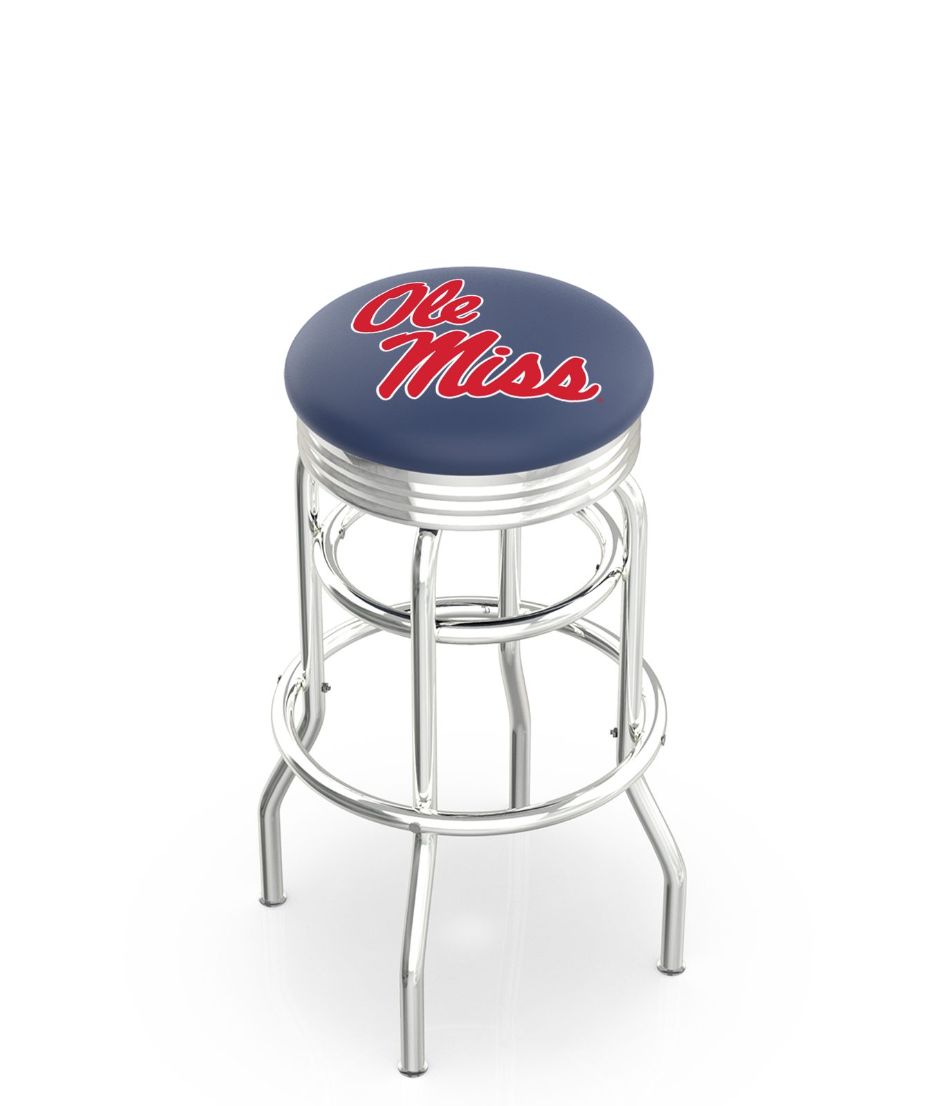 University of Mississippi 25-Inch Swivel Backless Counter Stool w/ Chrome Finish, Double-Ring Base, 2.75-Inch Chrome Ribbed Ring, 2.5-Inch Cushion Seat 1 University of Mississippi 25-Inch Swivel Backless Counter Stool w/ Chrome Finish, Double-Ring Base, 2.75-Inch Chrome Ribbed Ring, 2.5-Inch Cushion Seat