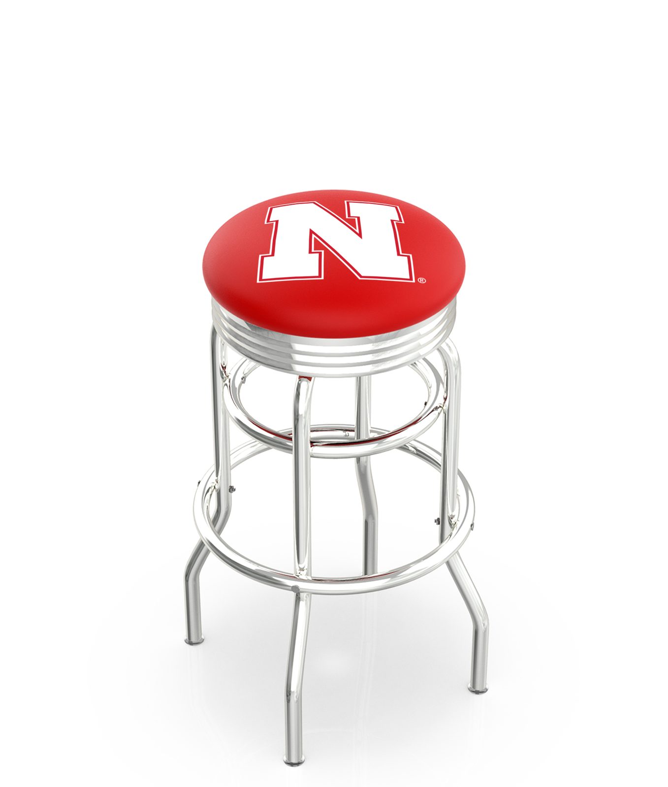 University of Nebraska 25-Inch Swivel Backless Counter Stool w/ Chrome Finish, Double-Ring Base, 2.75-Inch Chrome Ribbed Ring, 2.5-Inch Cushion Seat 1 University of Nebraska 25-Inch Swivel Backless Counter Stool w/ Chrome Finish, Double-Ring Base, 2.75-Inch Chrome Ribbed Ring, 2.5-Inch Cushion Seat