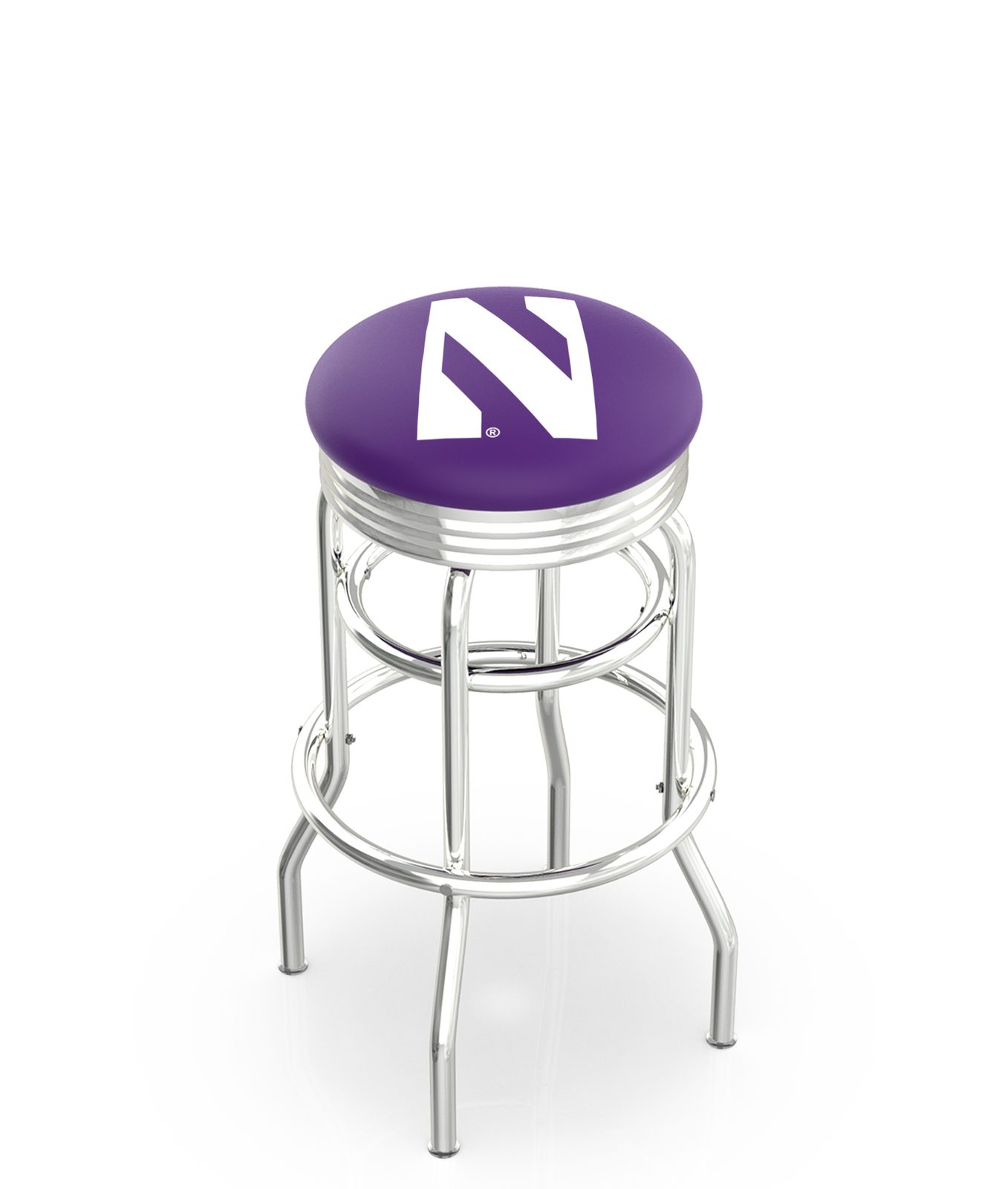 Northwestern University 25-Inch Swivel Backless Counter Stool w/ Chrome Finish, Double-Ring Base, 2.75-Inch Chrome Ribbed Ring, 2.5-Inch Cushion Seat 1 Northwestern University 25-Inch Swivel Backless Counter Stool w/ Chrome Finish, Double-Ring Base, 2.75-Inch Chrome Ribbed Ring, 2.5-Inch Cushion Seat