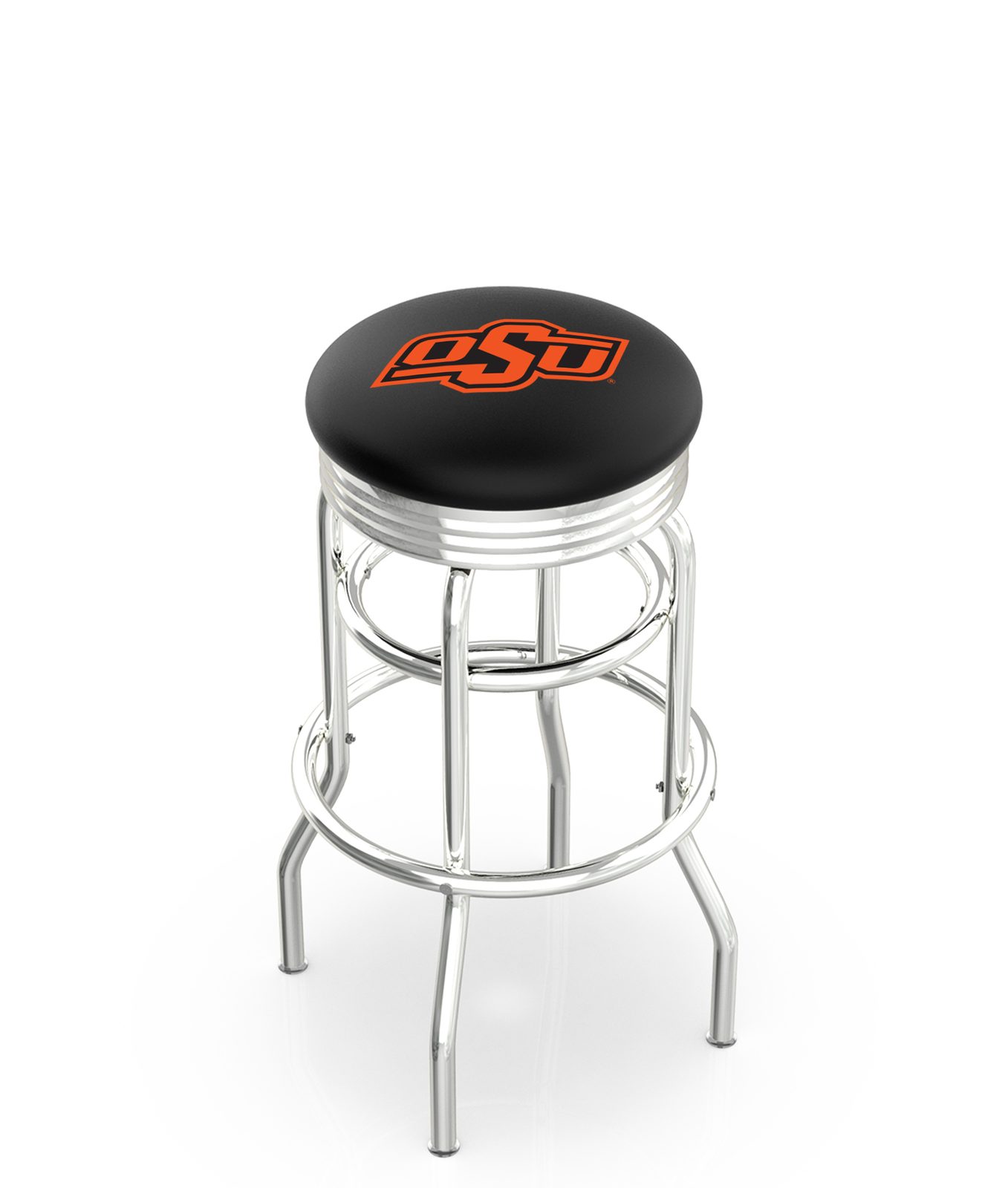 Oklahoma State University 30-Inch Swivel Backless Bar Stool w/ Chrome Finish, Double-Ring Base, 2.75-Inch Chrome Ribbed Ring, 2.5-Inch Cushion Seat 1 Oklahoma State University 30-Inch Swivel Backless Bar Stool w/ Chrome Finish, Double-Ring Base, 2.75-Inch Chrome Ribbed Ring, 2.5-Inch Cushion Seat