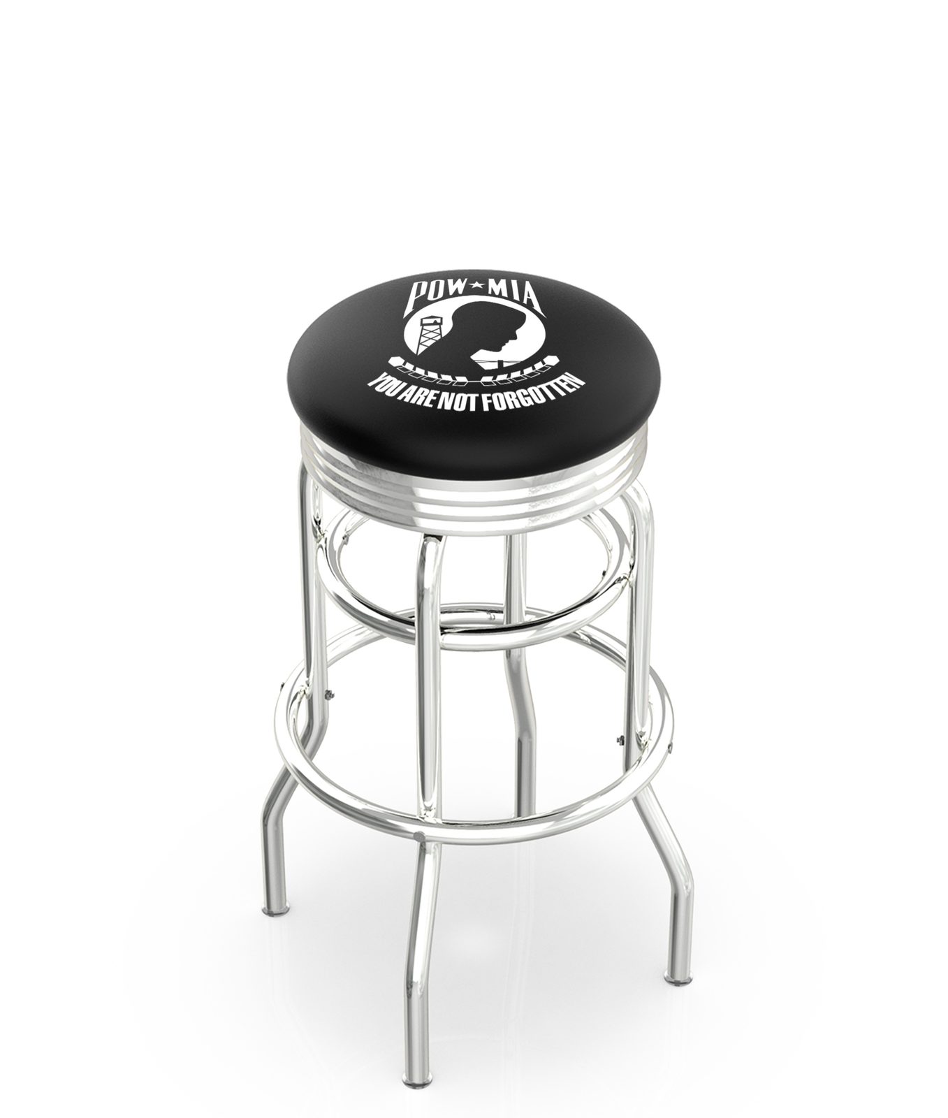 POW/MIA 30-Inch Swivel Backless Bar Stool w/ Chrome Finish, Double-Ring Base, 2.75-Inch Chrome Ribbed Ring, 2.5-Inch Cushion Seat 1 POW/MIA 30-Inch Swivel Backless Bar Stool w/ Chrome Finish, Double-Ring Base, 2.75-Inch Chrome Ribbed Ring, 2.5-Inch Cushion Seat