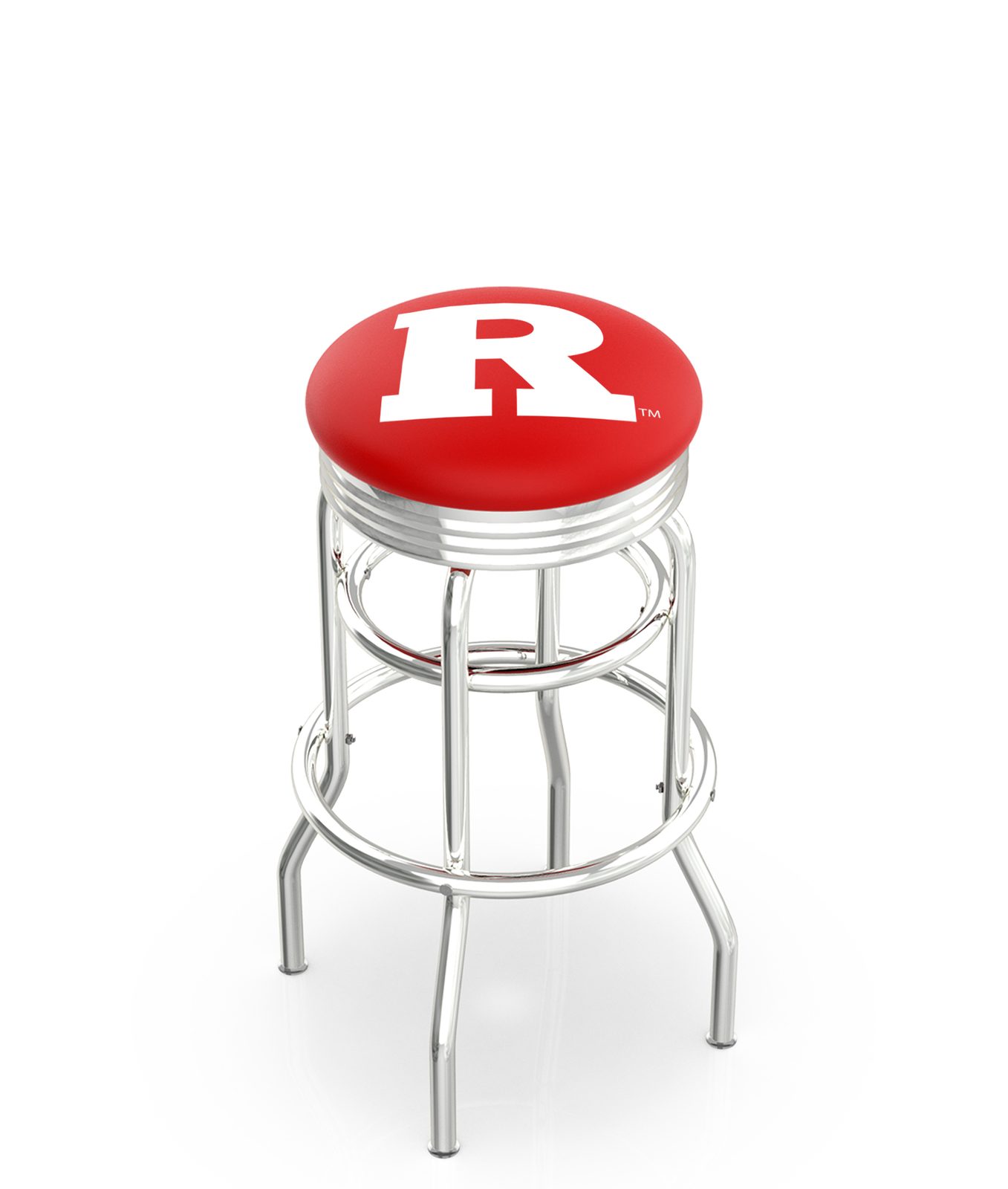 Rutgers University 30-Inch Swivel Backless Bar Stool w/ Chrome Finish, Double-Ring Base, 2.75-Inch Chrome Ribbed Ring, 2.5-Inch Cushion Seat 1 Rutgers University 30-Inch Swivel Backless Bar Stool w/ Chrome Finish, Double-Ring Base, 2.75-Inch Chrome Ribbed Ring, 2.5-Inch Cushion Seat