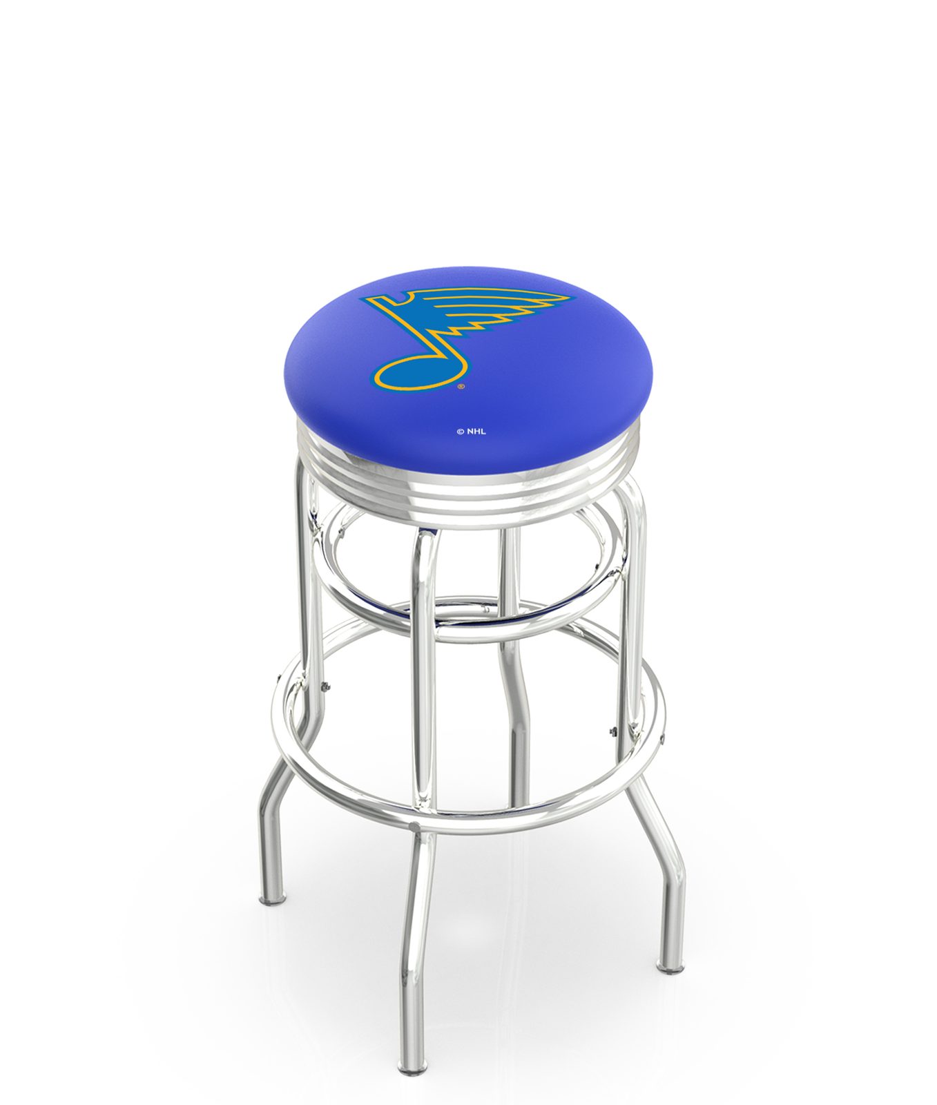 St Louis Blues 30-Inch Swivel Backless Bar Stool w/ Chrome Finish, Double-Ring Base, 2.75-Inch Chrome Ribbed Ring, 2.5-Inch Cushion Seat 1 St Louis Blues 30-Inch Swivel Backless Bar Stool w/ Chrome Finish, Double-Ring Base, 2.75-Inch Chrome Ribbed Ring, 2.5-Inch Cushion Seat