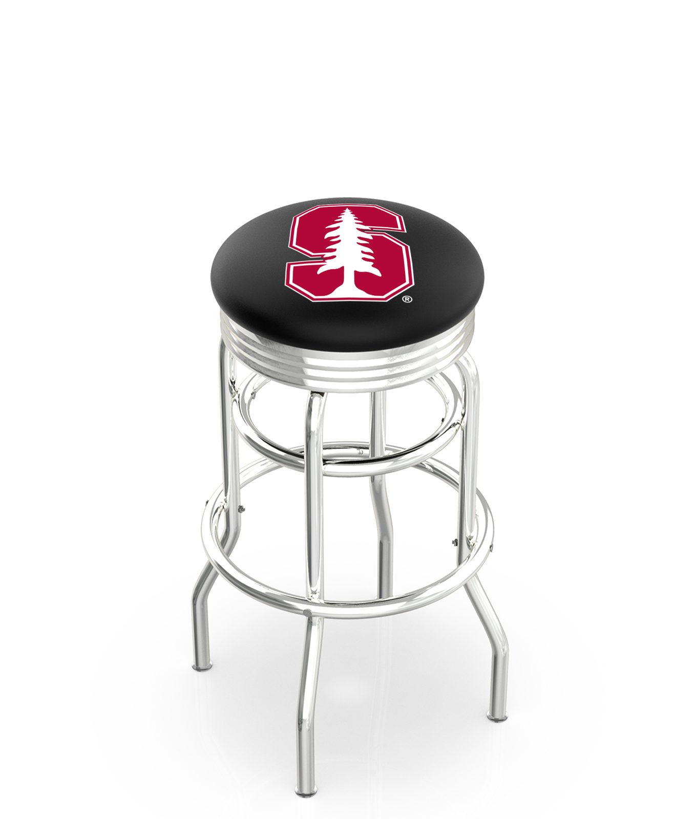 Stanford University 30-Inch Swivel Backless Bar Stool w/ Chrome Finish, Double-Ring Base, 2.75-Inch Chrome Ribbed Ring, 2.5-Inch Cushion Seat 1 Stanford University 30-Inch Swivel Backless Bar Stool w/ Chrome Finish, Double-Ring Base, 2.75-Inch Chrome Ribbed Ring, 2.5-Inch Cushion Seat