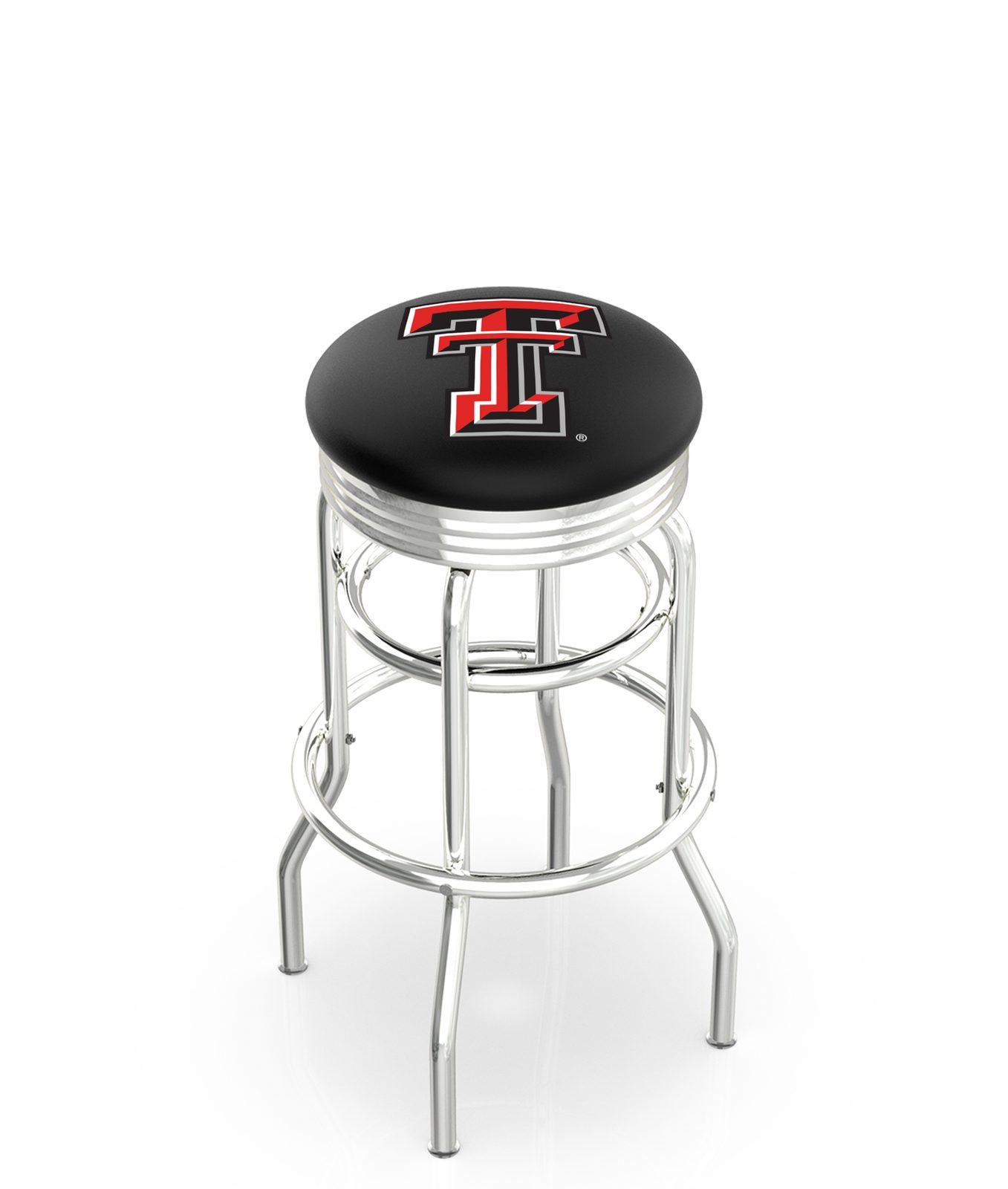 Texas Tech University 30-Inch Swivel Backless Bar Stool w/ Chrome Finish, Double-Ring Base, 2.75-Inch Chrome Ribbed Ring, 2.5-Inch Cushion Seat 1 Texas Tech University 30-Inch Swivel Backless Bar Stool w/ Chrome Finish, Double-Ring Base, 2.75-Inch Chrome Ribbed Ring, 2.5-Inch Cushion Seat