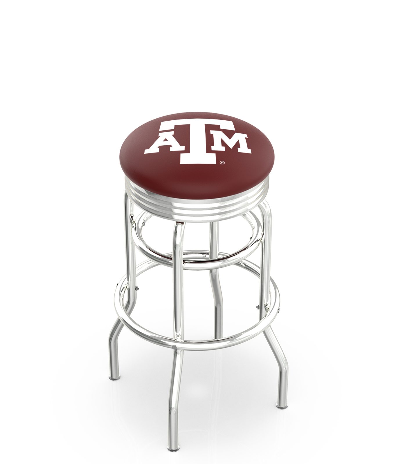 Texas A&M 25-Inch Swivel Backless Counter Stool w/ Chrome Finish, Double-Ring Base, 2.75-Inch Chrome Ribbed Ring, 2.5-Inch Cushion Seat 1 Texas A&M 25-Inch Swivel Backless Counter Stool w/ Chrome Finish, Double-Ring Base, 2.75-Inch Chrome Ribbed Ring, 2.5-Inch Cushion Seat