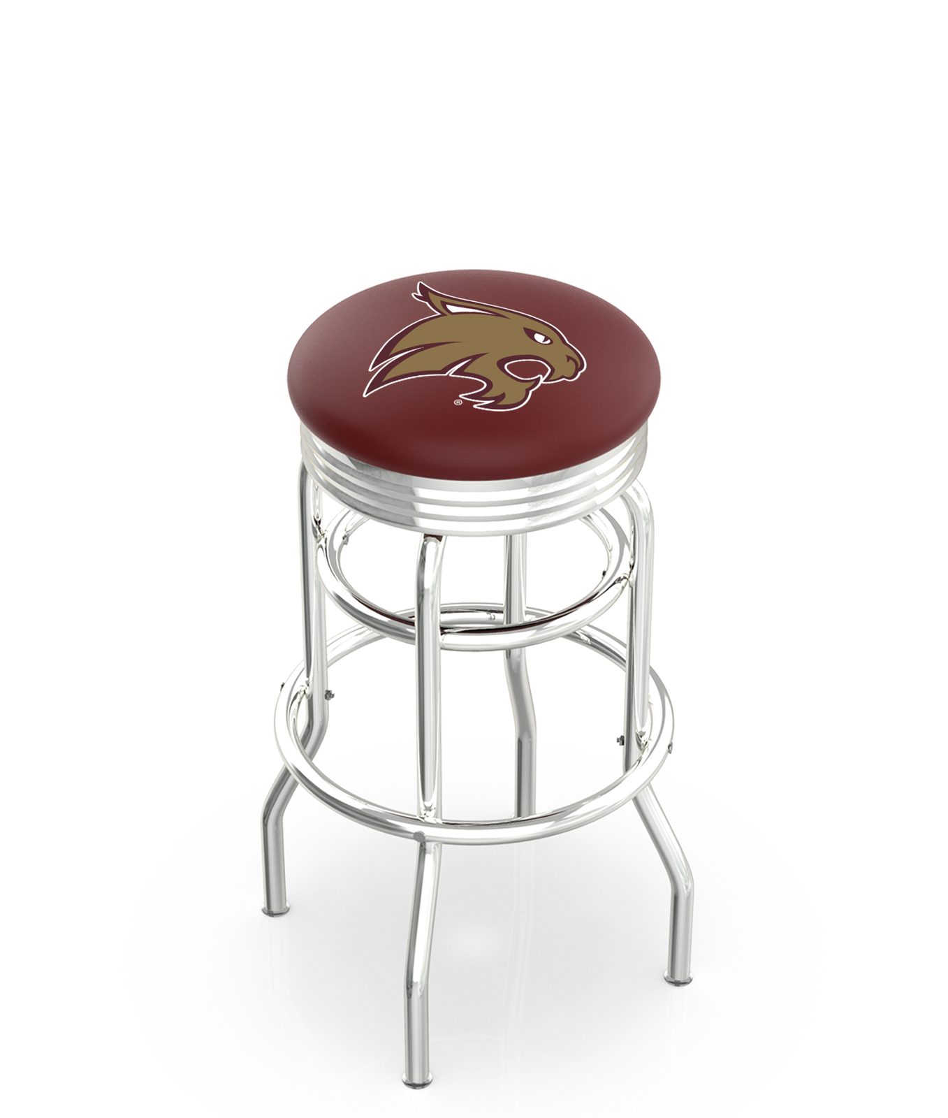 Texas State University 25-Inch Swivel Backless Counter Stool w/ Chrome Finish, Double-Ring Base, 2.75-Inch Chrome Ribbed Ring, 2.5-Inch Cushion Seat 1 Texas State University 25-Inch Swivel Backless Counter Stool w/ Chrome Finish, Double-Ring Base, 2.75-Inch Chrome Ribbed Ring, 2.5-Inch Cushion Seat