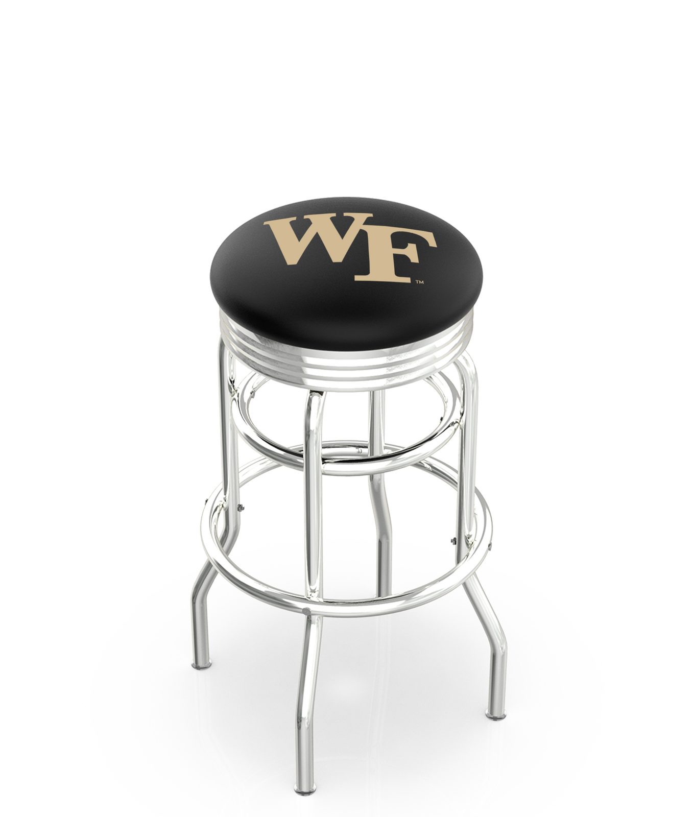 Wake Forest University 25-Inch Swivel Backless Counter Stool w/ Chrome Finish, Double-Ring Base, 2.75-Inch Chrome Ribbed Ring, 2.5-Inch Cushion Seat 1 Wake Forest University 25-Inch Swivel Backless Counter Stool w/ Chrome Finish, Double-Ring Base, 2.75-Inch Chrome Ribbed Ring, 2.5-Inch Cushion Seat
