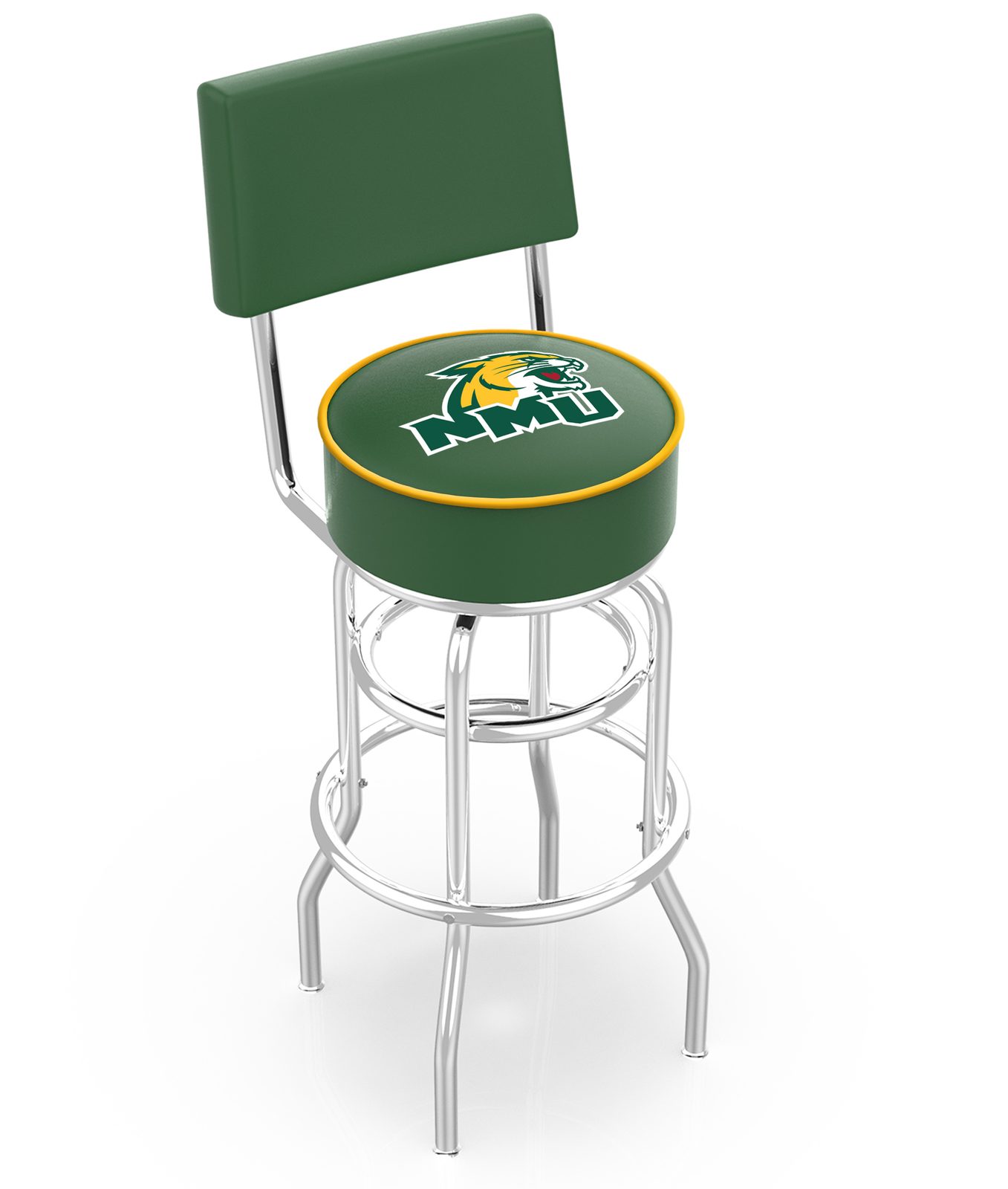 Northern Michigan University 30-Inch Swivel Bar Stool w/ Chrome Finish, Double-Ring Base, Cushioned Back, 5-Inch Cushion Seat 1 Northern Michigan University 30-Inch Swivel Bar Stool w/ Chrome Finish, Double-Ring Base, Cushioned Back, 5-Inch Cushion Seat