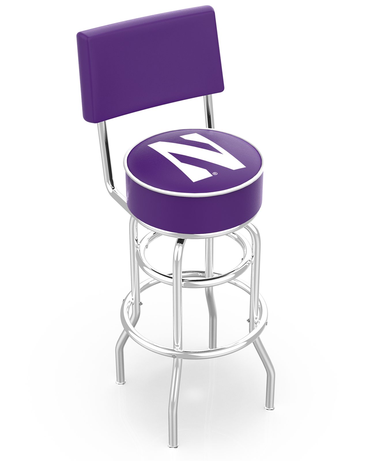 Northwestern University 25-Inch Swivel Counter Stool w/ Chrome Finish, Double-Ring Base, Cushioned Back, 5-Inch Cushion Seat 1 Northwestern University 25-Inch Swivel Counter Stool w/ Chrome Finish, Double-Ring Base, Cushioned Back, 5-Inch Cushion Seat